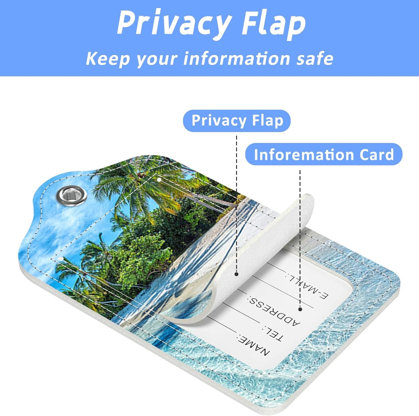 2 Pack Luggage Tags for Suitcase Maldives Islands Tropical Beach Leather Stainless Steel Loop Label Tags for Women Men Travel Bag Suitcase with Privacy Cover Name ID Card
