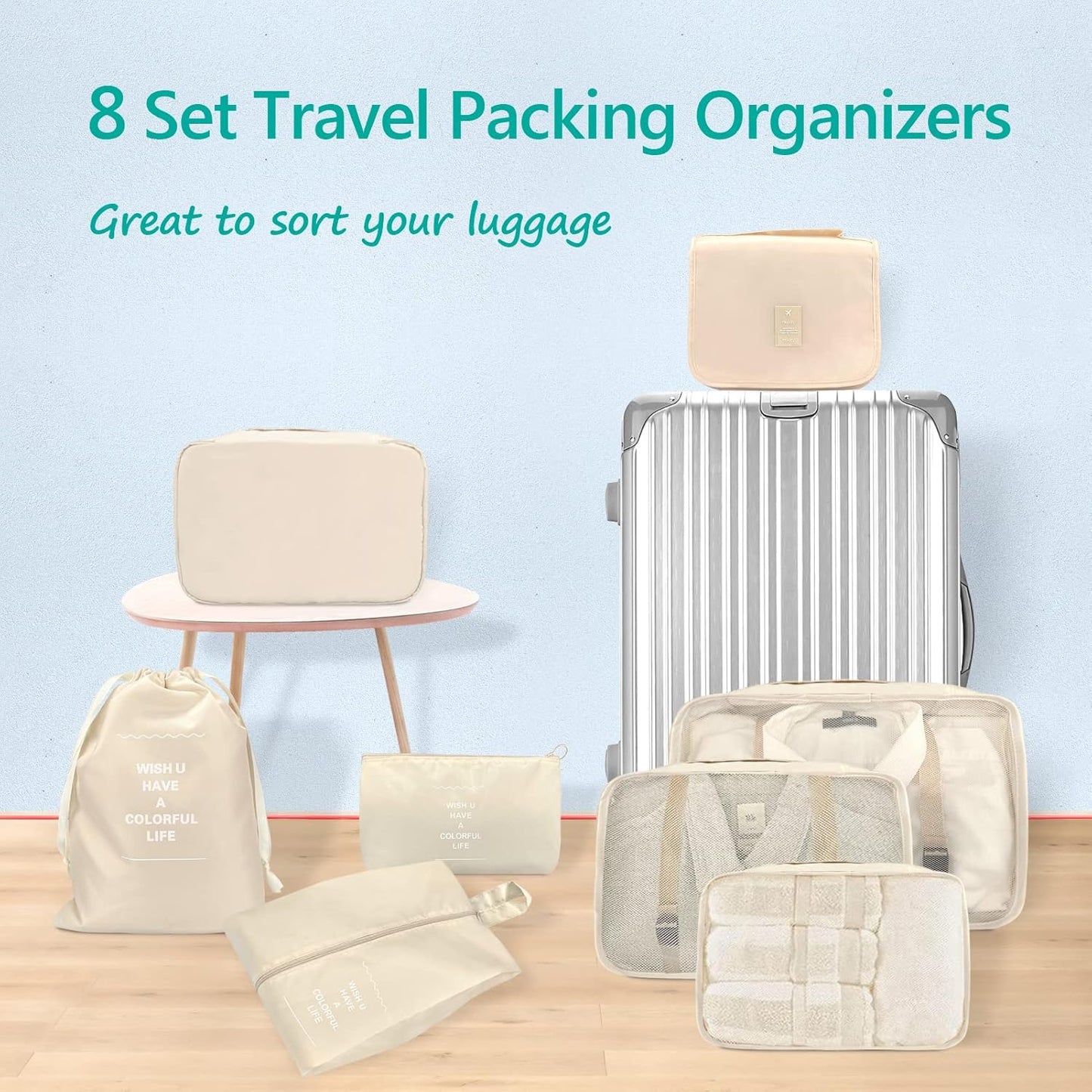 8 Set Packing Cubes for Suitcases, Travel Luggage Packing Organizers for Travel Accessories(BEIGE)
