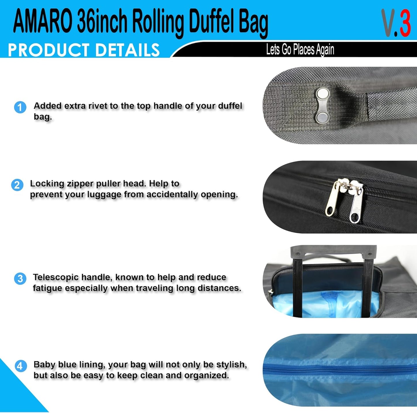 AMARO 36-Inch Rolling Duffle Bag with Wheels and Handle – Extra Large Travel Luggage with Multiple Compartments and Durable Polyester – Black/Grey