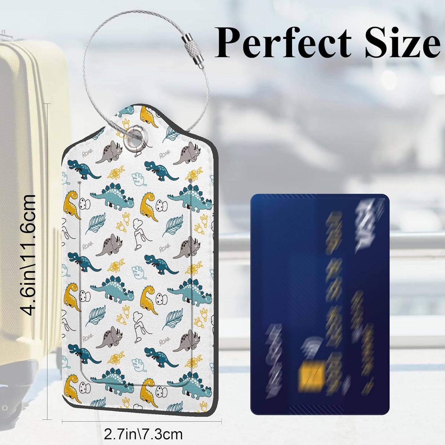 Cute Funny Dinosaurs and Eggs 2 Pack PU Leather Luggage Tags with Stainless Steel Loop, Colorful Dinosaurs Travel Labels with Privacy Cover ID Label for Quick Spotting