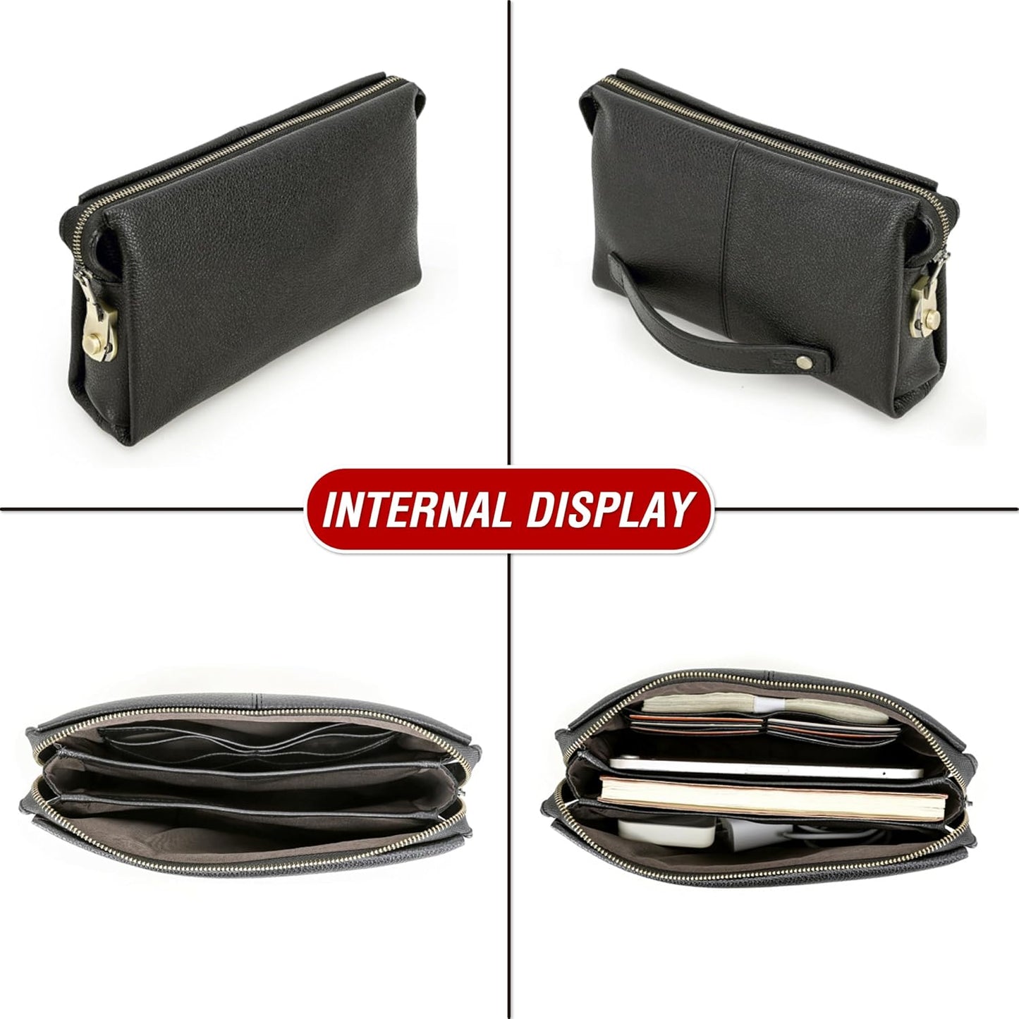 Top Grain Genuine Leather Clutch Wallet Bag for Man & Woman, Handmade Retro Design, Combination Lock & Retractable Strap & Multi Pockets/Slots, Portable RFID for Cards/Checks/Phone/Banknote, Black