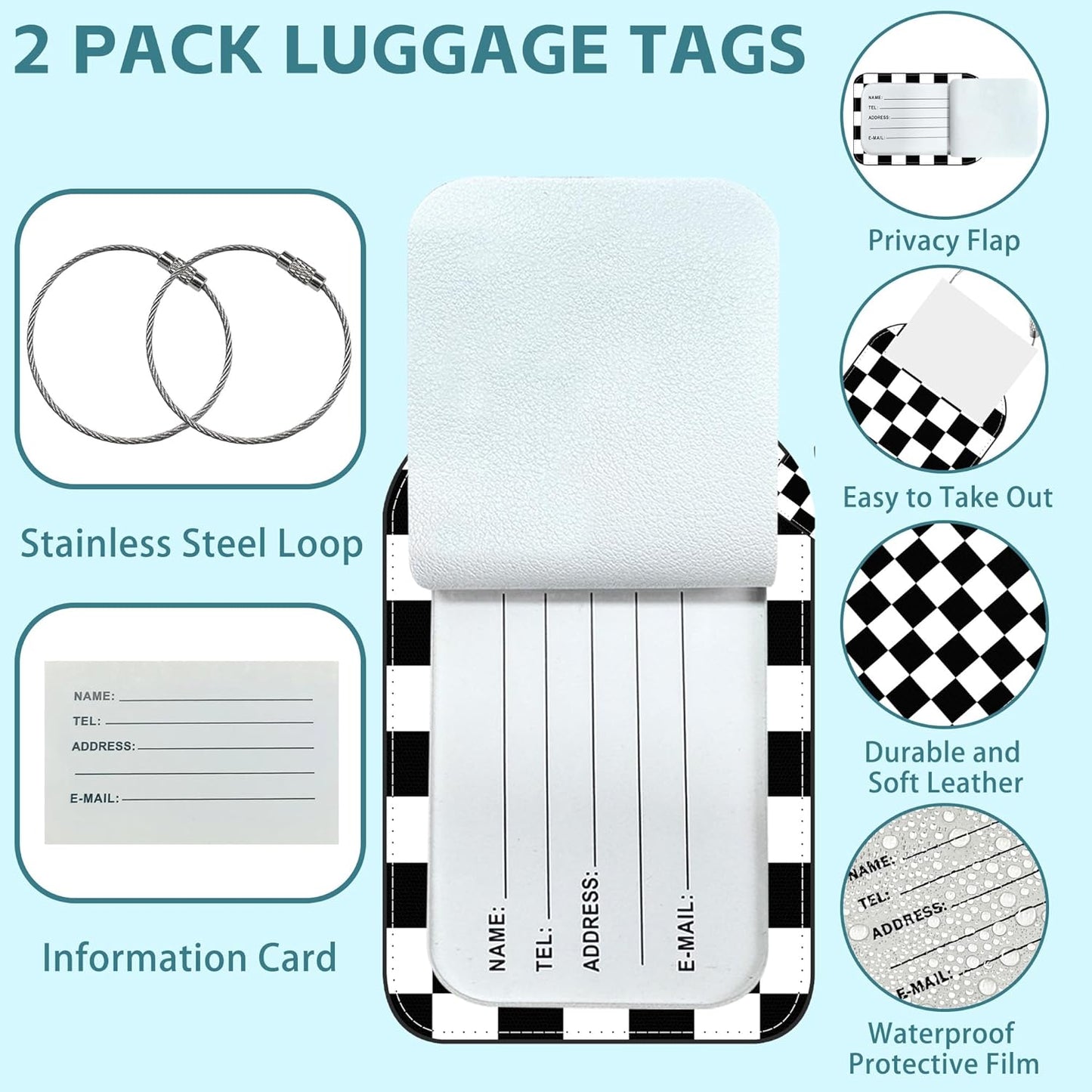 2 Pack Cute Luggage Tag for Suitcases Checkered Texture Leather Luggage Tags with Stainless Steel Loop Privacy Flap Name Tags,Men and Women Travel Bag Suitcase Tags
