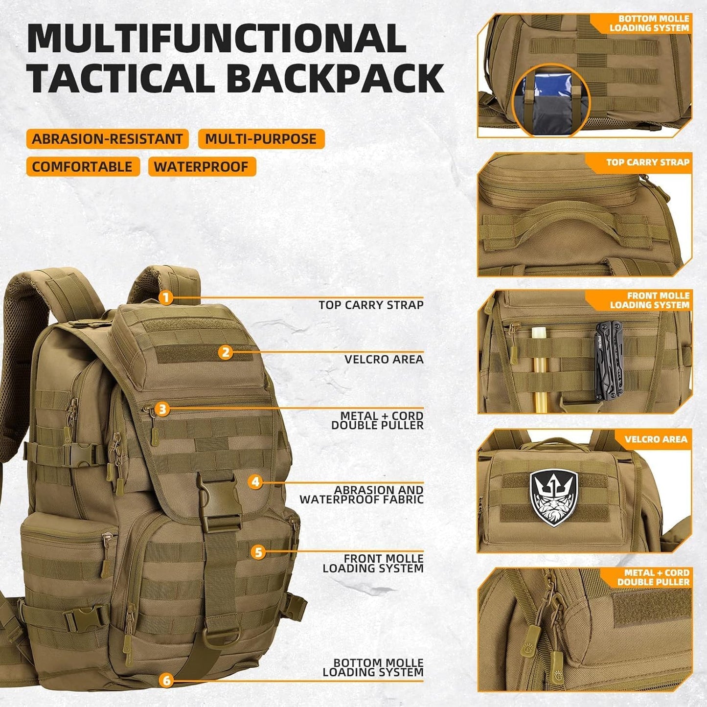 50L Military Tactical Backpack 3 Day Assault Pack Molle Daypack Hiking Backpack for Men and Women (Khaki)
