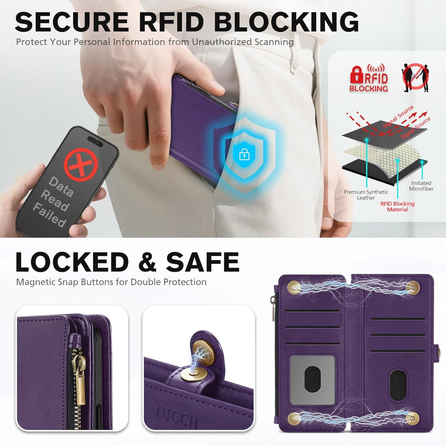 TUCCH Removable Crossbody Wallet Case for iPhone Air 6.5", RFID Blocking 9 Card Holders, Lanyard, Wrist Strap, Wireless Charging, Stand, Zipper Pocket, PU Leather, Magnetic Flip Cover, Deep Purple