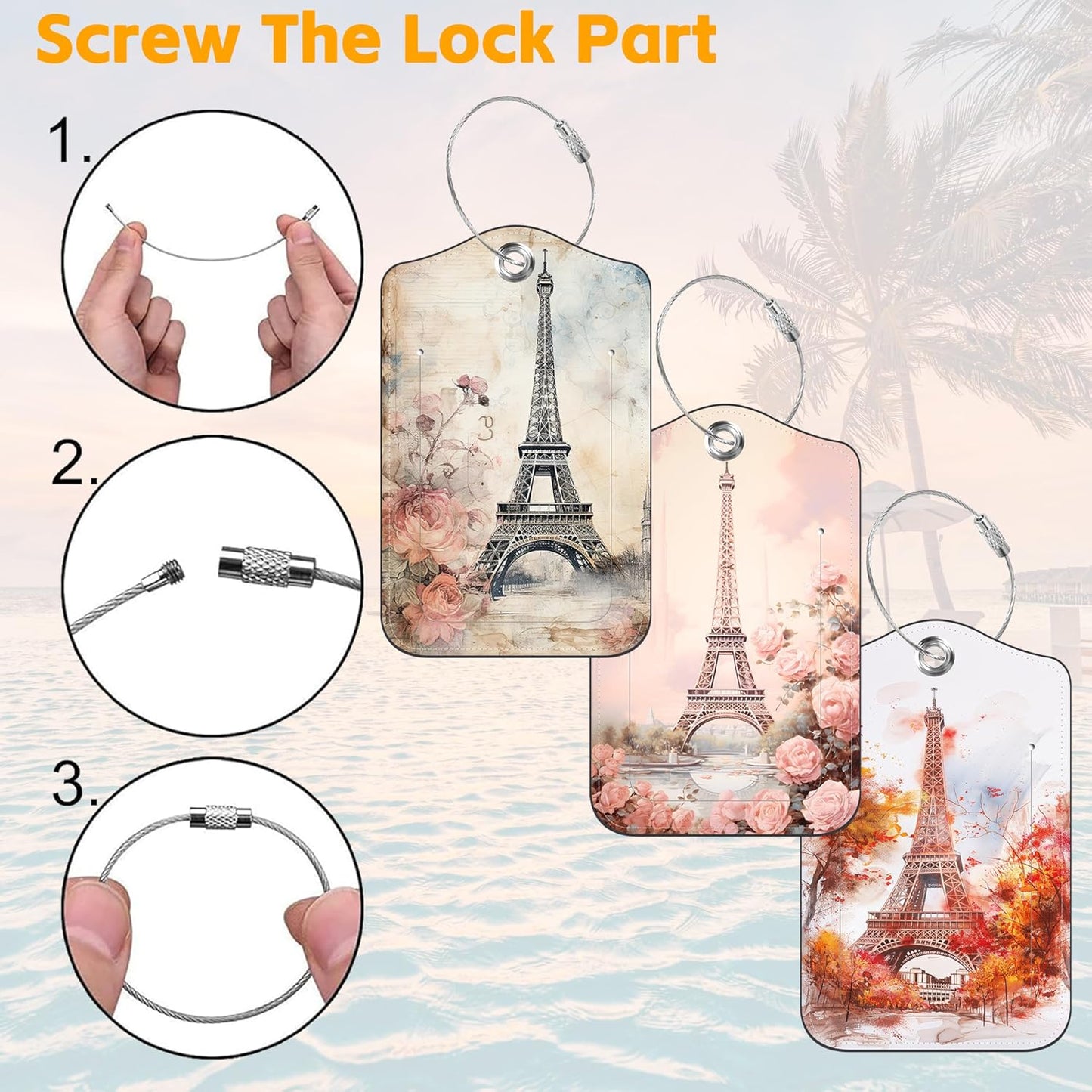 3 Pack Luggage Tag for Suitcase Paris Eiffel Tower Leather Travel Cruise Luggage Tag with Stainless Steel Loop Name ID Label Privacy Cover for Adults Teens Travel Bag Labels Set
