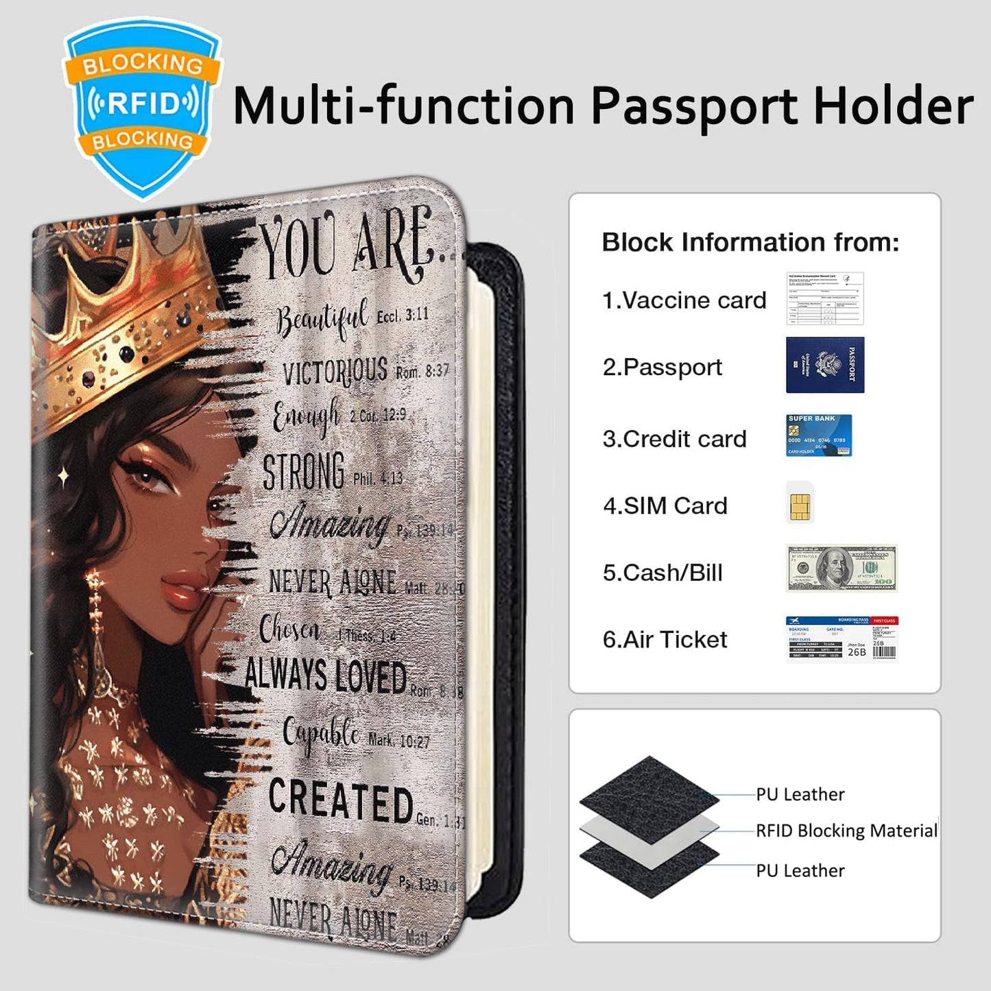 Passport Holder Women Wallet with Luggage Tag, Leather Passport Cover with RFID Blocking, Travel Accessories Multi Card Slot Passport Case for Men，African American Black Girl Quotes