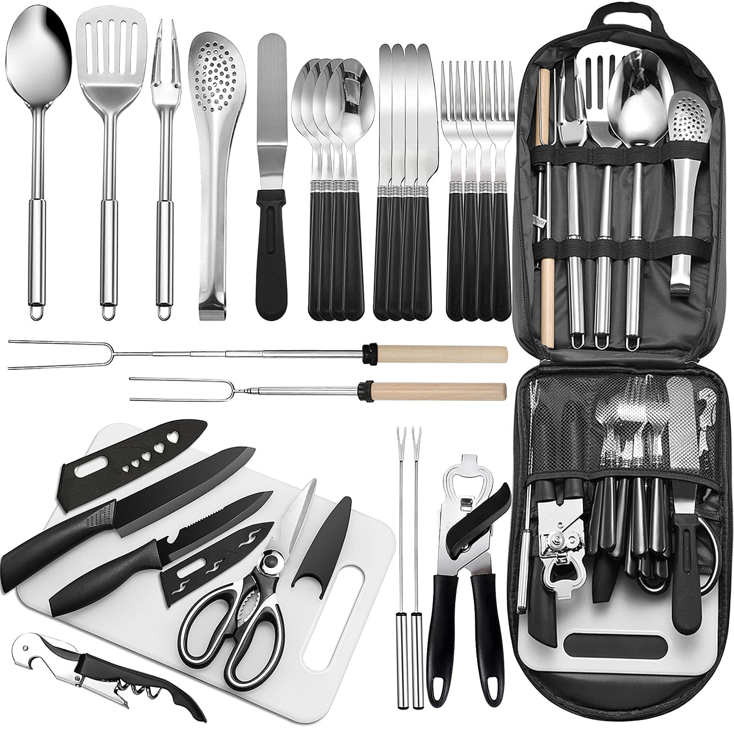 Portable Camping Kitchen Utensil Set-27 Piece Cookware Kit, Stainless Steel Outdoor Cooking and