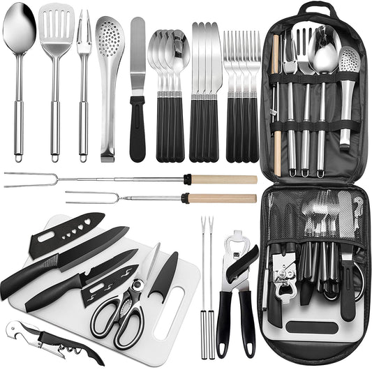 Portable Camping Kitchen Utensil Set-27 Piece Cookware Kit, Stainless Steel Outdoor Cooking and