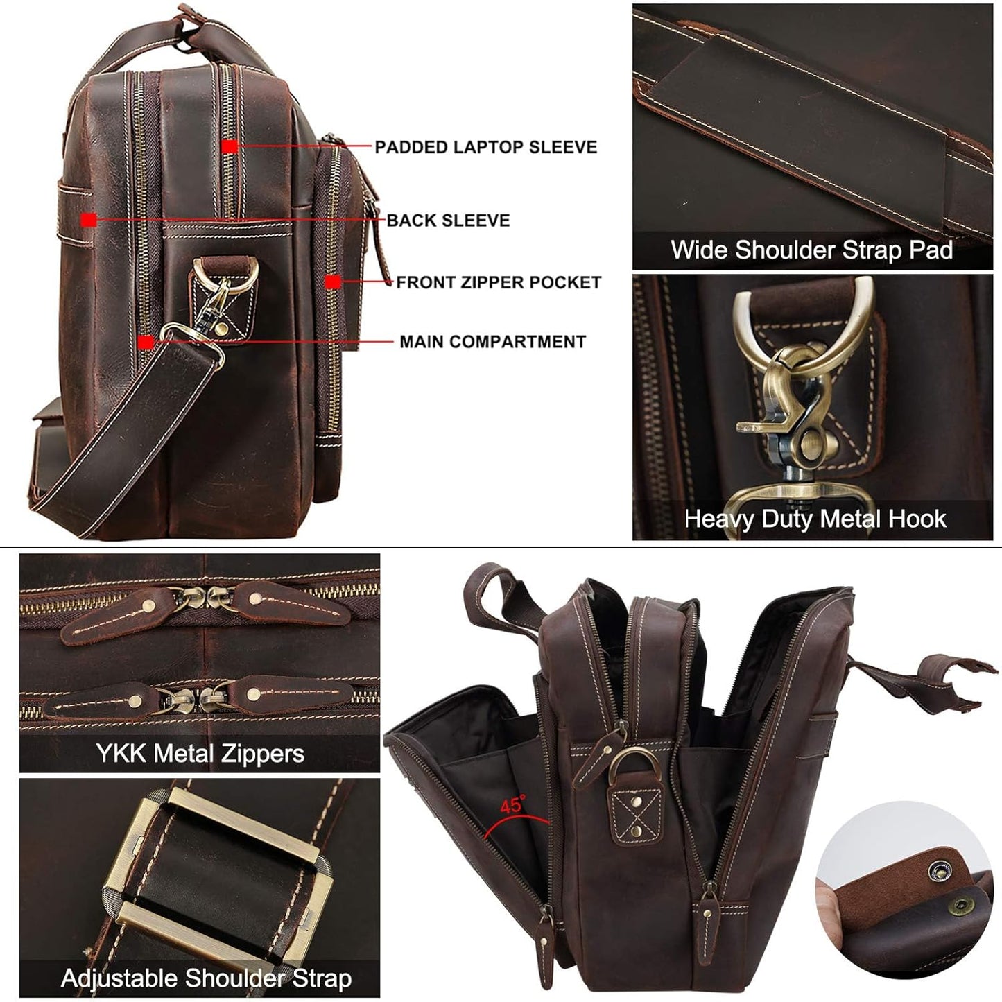 Vintage Full Grain Leather Briefcase for Men Fits 17" Laptop Business Travel Messenger Crossbody Shoulder Bags