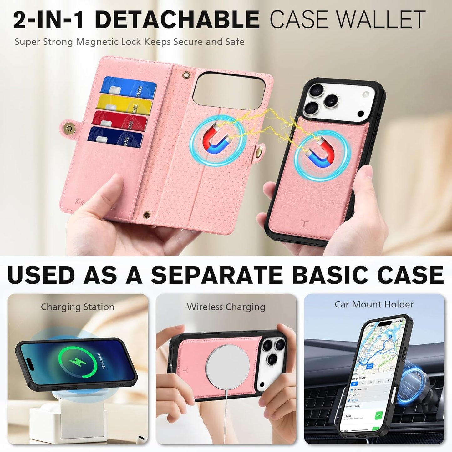 TUCCH Detachable Crossbody Wallet Case for iPhone 17 Pro Max 6.9", 10 Card Slots RFID Blocking | Stand | Lanyard Wrist Strap | Wireless Charging | Zipper Pocket | PU Leather Magnetic Cover | Rose Gold