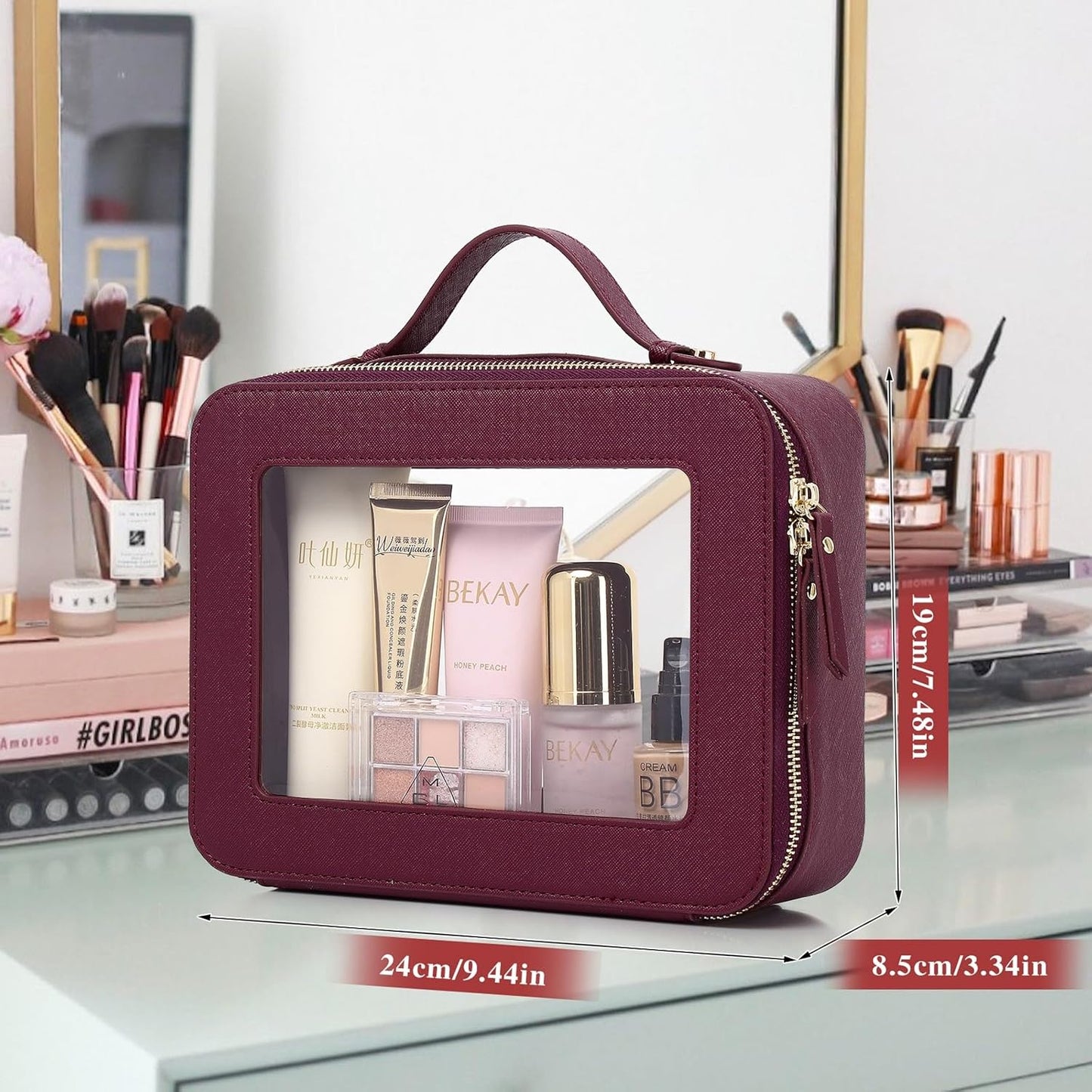 Clear Travel Makeup Bag with Brush Bag Portable Transparent Cosmetic Bag and Toiletry Bag Waterproof Clear Makeup Bag with Zipper Car Bag for Women (Burgundy, L+Slim)