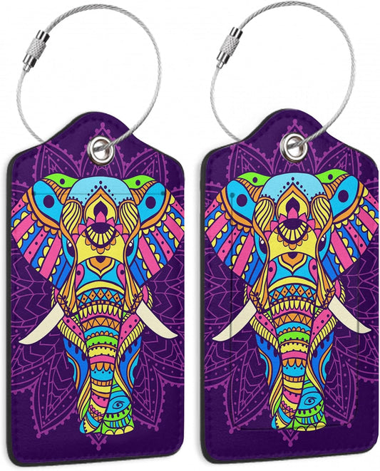 2 Pack Elephant Luggage Tag for Suitcases Boho Hippie Mandala PU Leather Bag Travel Suitcase ID Identifier Baggage Tags for Women Men Travel
