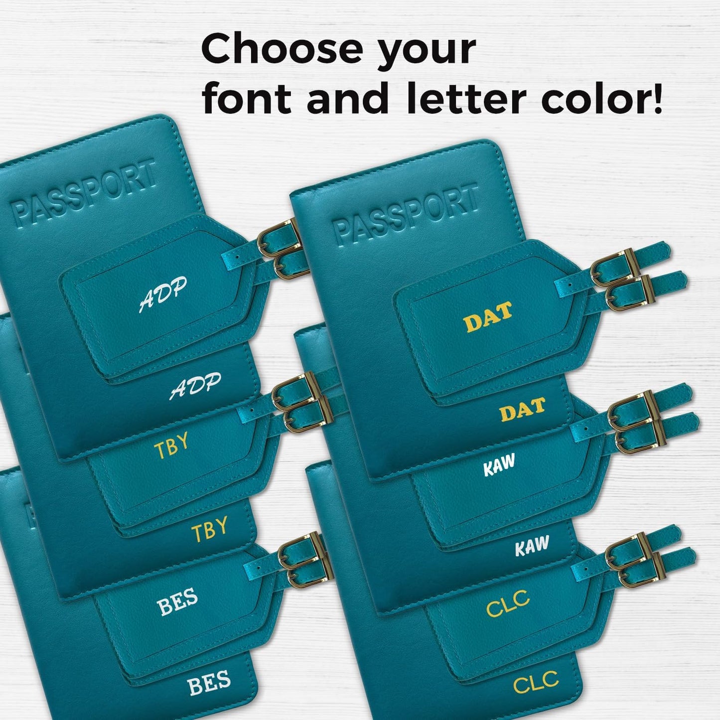 Personalized Monogrammed Teal Leather RFID Passport Cover Holder and 2 Luggage Tags