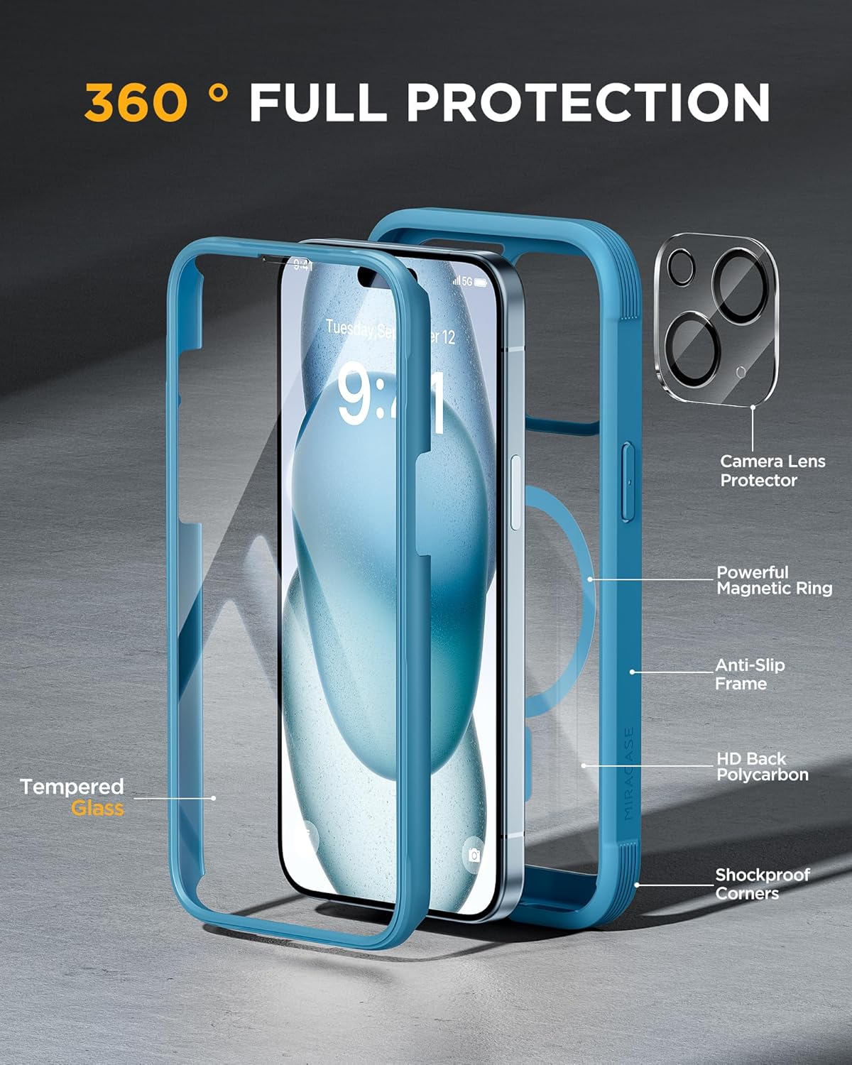 Miracase Magnetic for iPhone 15 Plus Case 6.7'' [Compatible with Magsafe] Full-Body Military Drop Proof 15 Plus Phone Case Cover with Built-in 9H Tempered Glass Screen Protector,Magnetic Blue