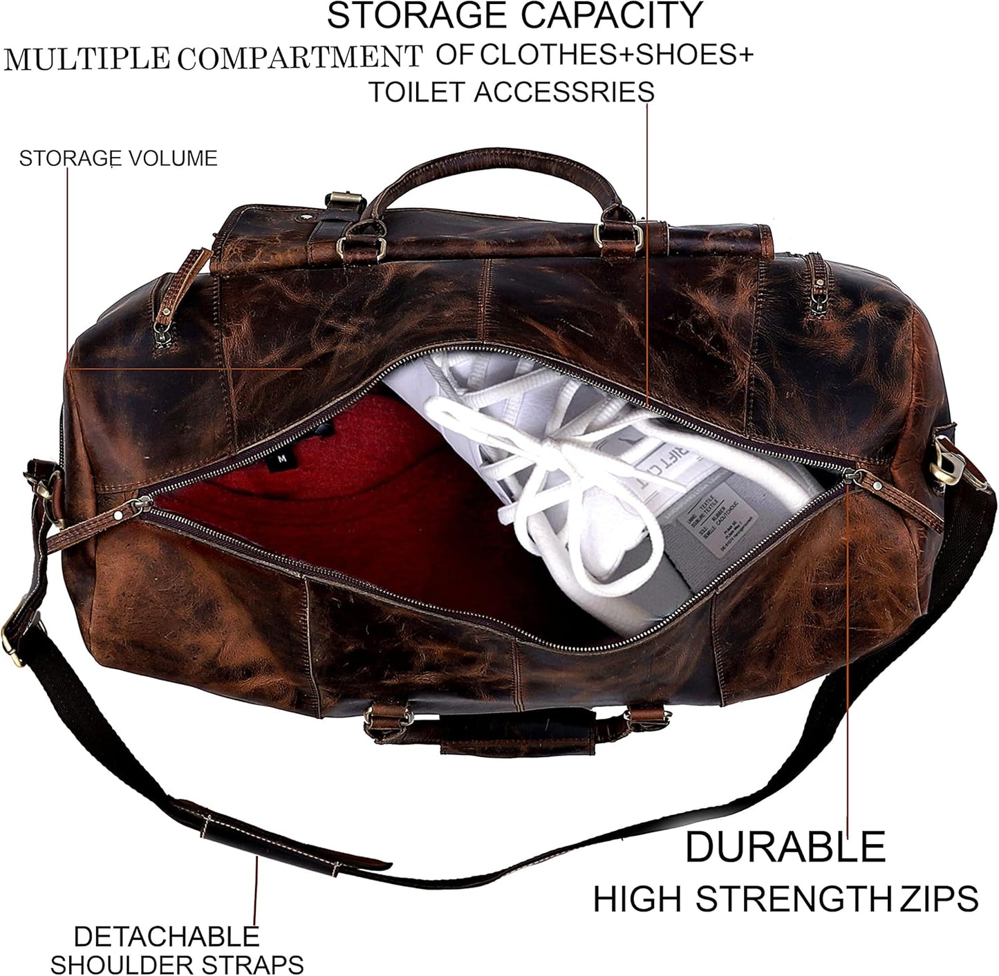 Genuine buffalo Leather Travel Duffel Bag, Large Handcrafted Weekender, vintage Overnight Bag for Men with Shoe Compartment, Detachable Shoulder Strap & Internal Sections for Cards & Cell Phone