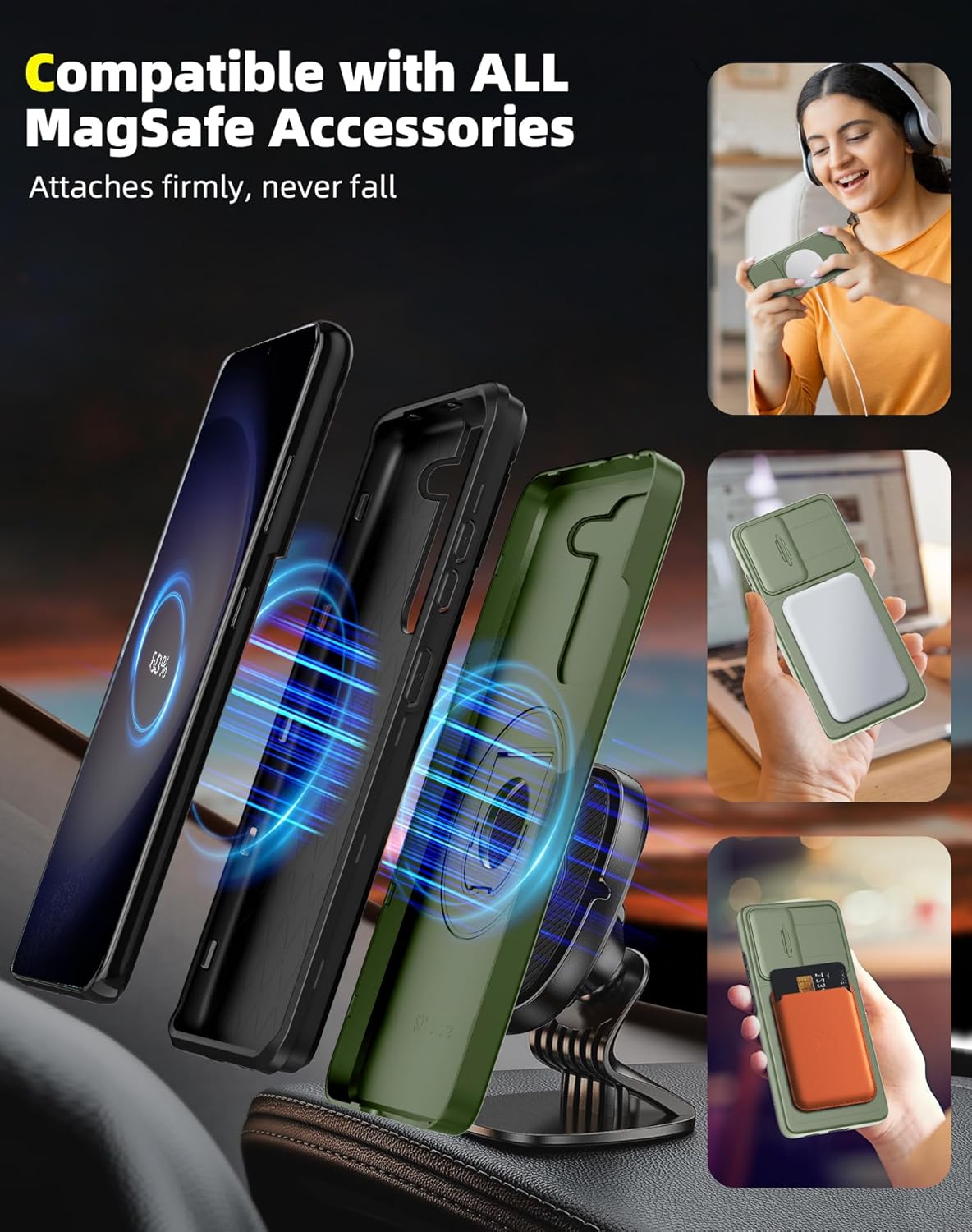 for Samsung Galaxy S23 Plus Case Magnetic Compatible with MagSafe Wireless Charging,with Screen Protector,for S23+Plus Case with Stand Ring+Camera Cover Shockproof Heavy Duty Protection Green