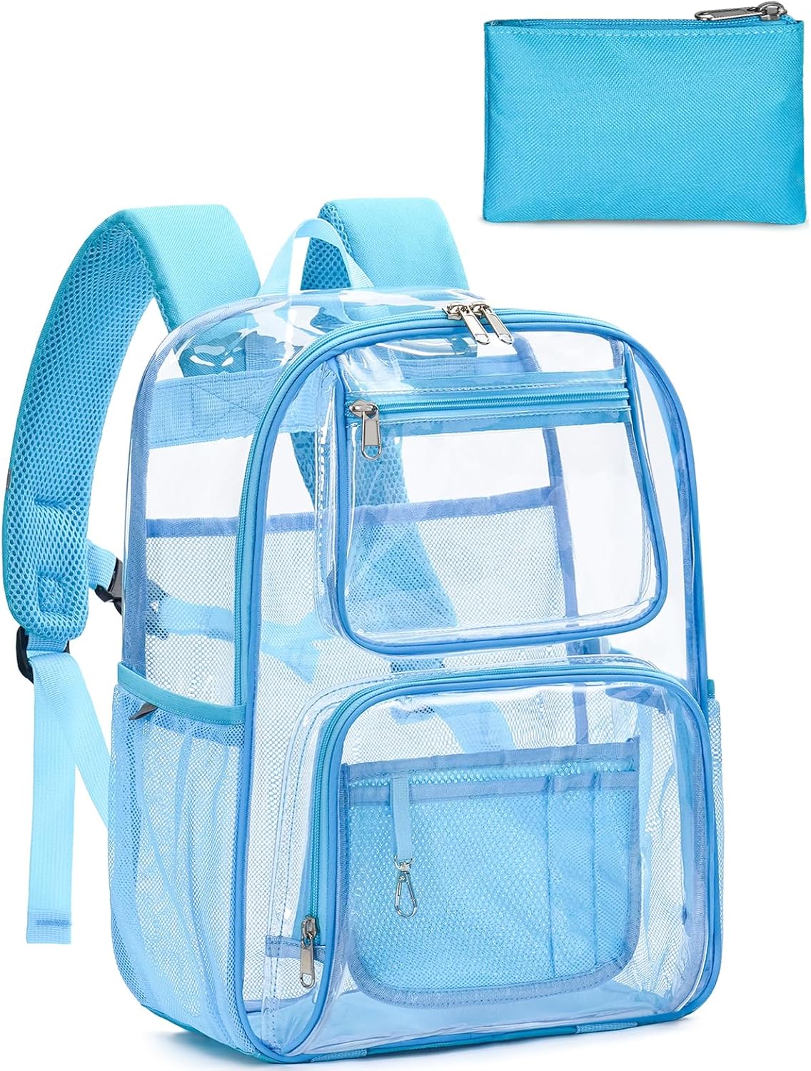 Heavy Duty Clear Backpack For Kids Women Men Boys Girls, 17 Inch Large See Through Backpack, Clear Bookbag With An Extra Pouch Accessories, Transparent Bag For School College Work, Light Blue