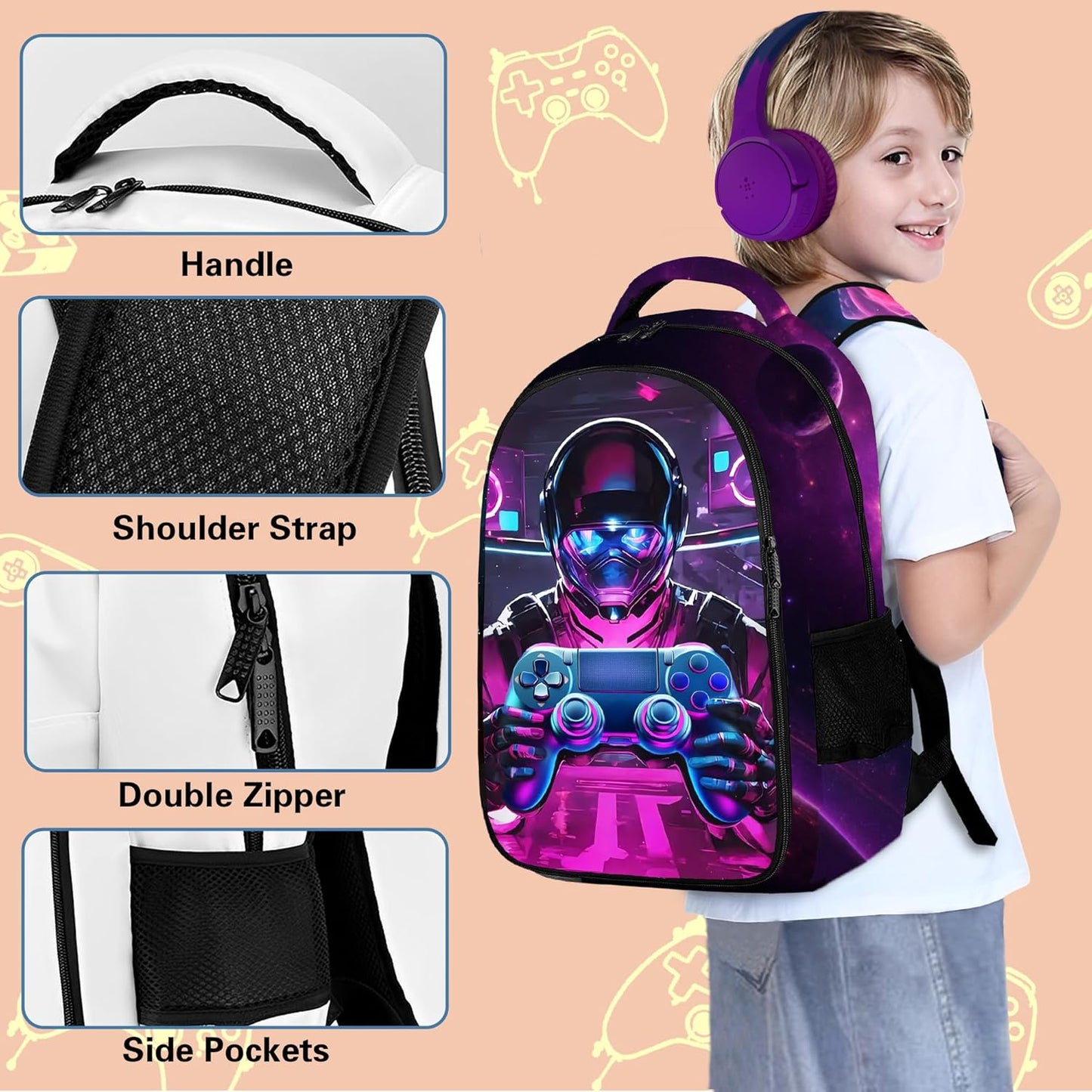 Game Backpack Set for Boys, Gaming Backpack 3 Pack, Boys Lunch Box, and Pencil Bag for Kids, 17"