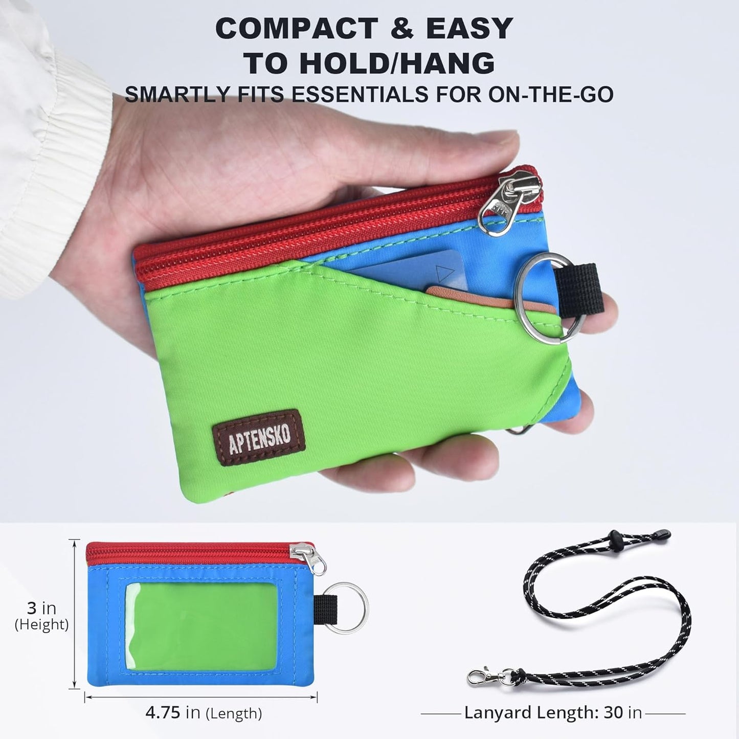 RFID Travel Wallet with Adjustable Lanyard-Zipper Small Wallet with ID Card Holder, Keychain for women&men-Minimalist Slim Waterproof Nylon case for ID, Cash, Key (Green+SkyBlue)