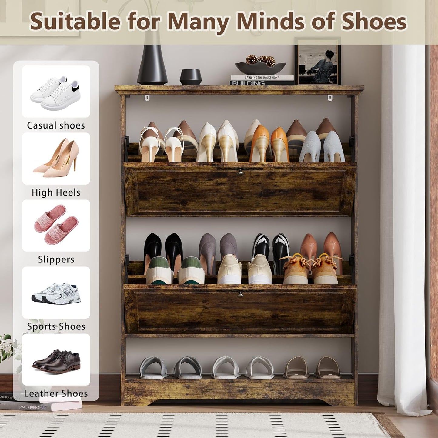 Shoe Cabinet for Entryway, Slim Shoe Storage Cabinet with Adjustable Shelves, Wooden Rack and Organizer for Small Spaces, Closet, Foyer, Hallway