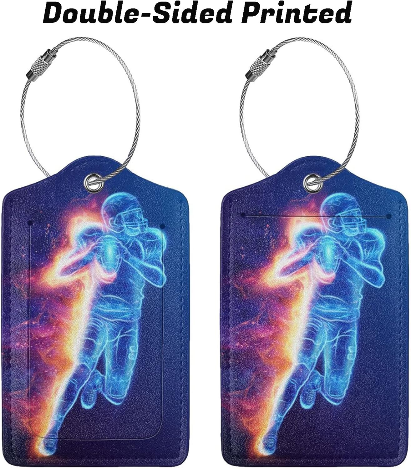 Cool Blue Travel Luggage Tags Football Themed, 2Pcs Leather Suitcases Bag Tag for Sports Boys Men Kids, Name Labels Baggage Tags with Full Back Privacy Name ID Card Stainless Steel Loop