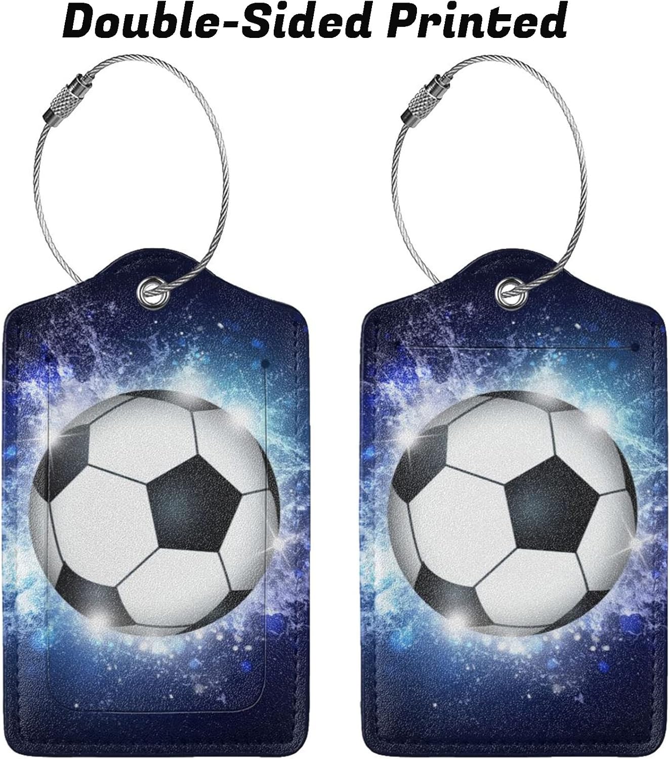2 Pcs Kids Adults Soccer Luggage Tags for Suitcases for Sport Boys Men Women Girls, Leather Bag Labels Baggage Tag for Travel Business with Stainless Steel Loop & Name ID Privacy Cover