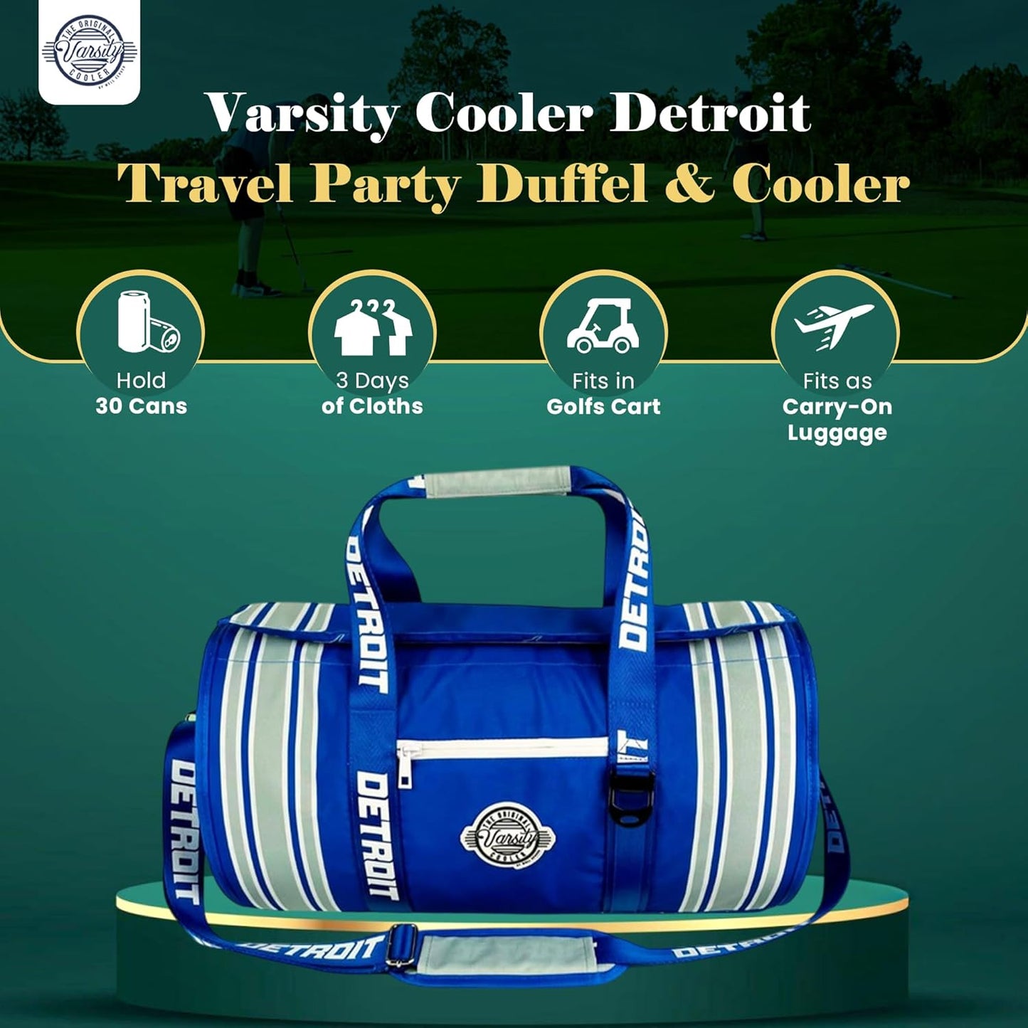 Varsity Cooler Detroit Travel Party Duffel & Cooler – 30 Can Leakproof Insulated Tote Bag, Waterproof Soft compartment for Tailgating, Golf, Beach, Carry-On Luggage & Outdoor Sports