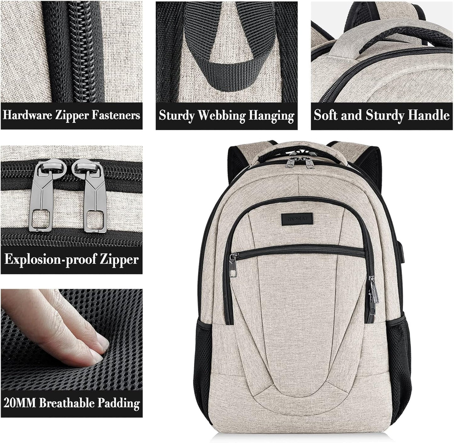 BIKROD Backpack for Women and Men, Extra Large School Backpacks for Teens, Water Resistant Back Pack with USB Charging Port Fits 17 Inch Laptop, Business Anti Theft Sturdy Computer Bag Gifts, Beige