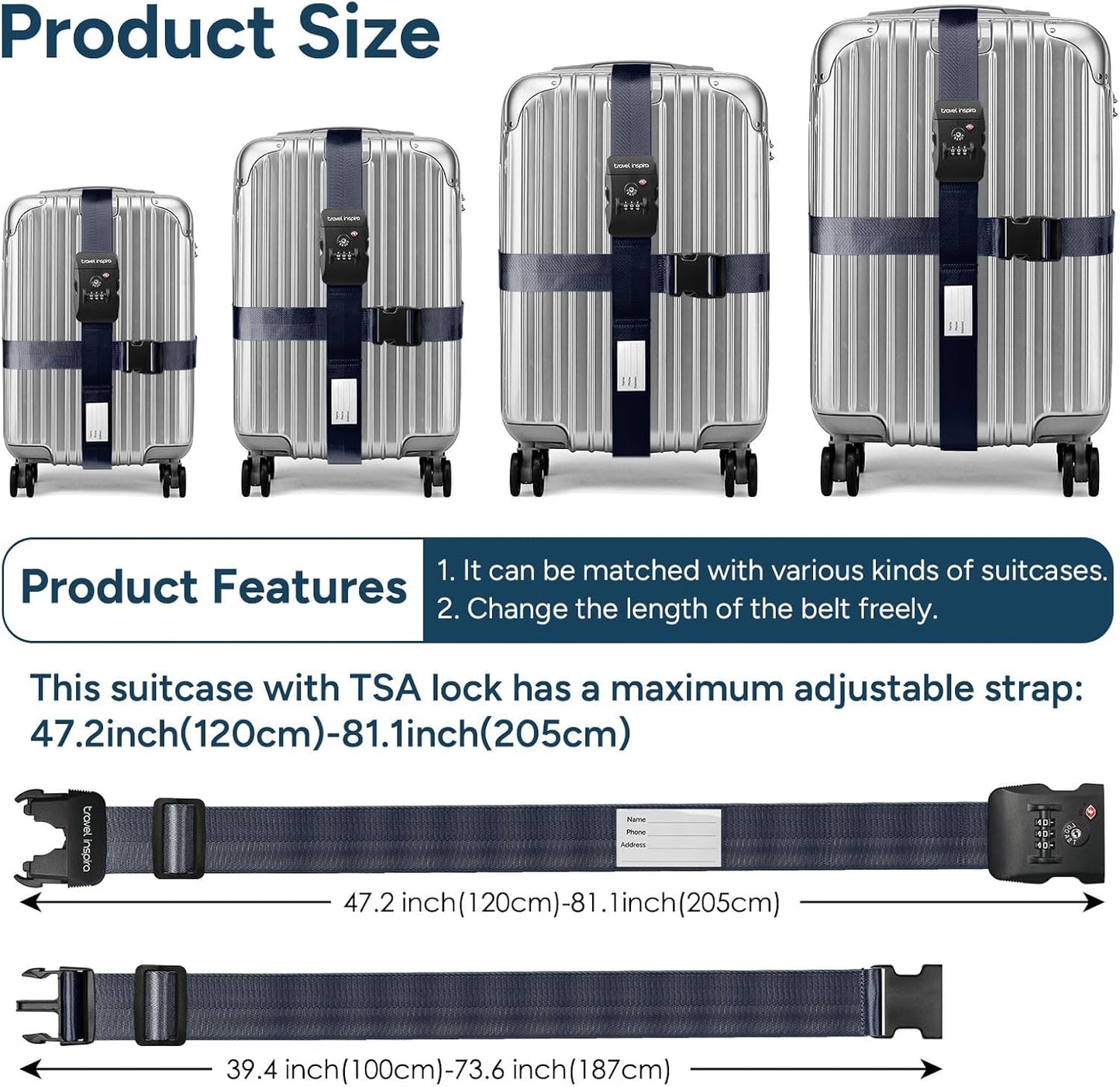 Travel Inspira Luggage Straps - TSA Approved Travel Luggage for Suitcases, Adjustable Suitcase Belt Spot Luggage, Personalized Tags Name ID Card (Navy Blue)