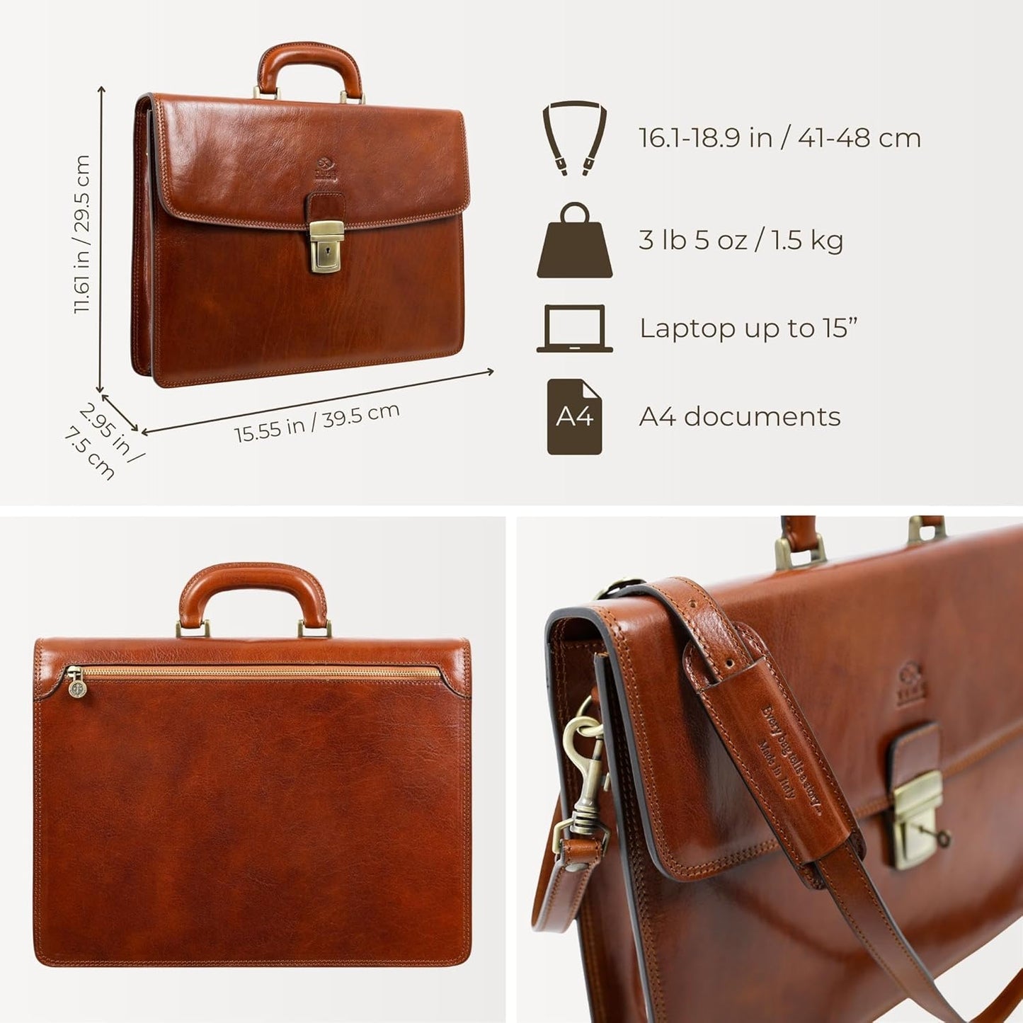 Time Resistance Leather Briefcase - Italian Handmade Leather Laptop Bag - Handbag for Men