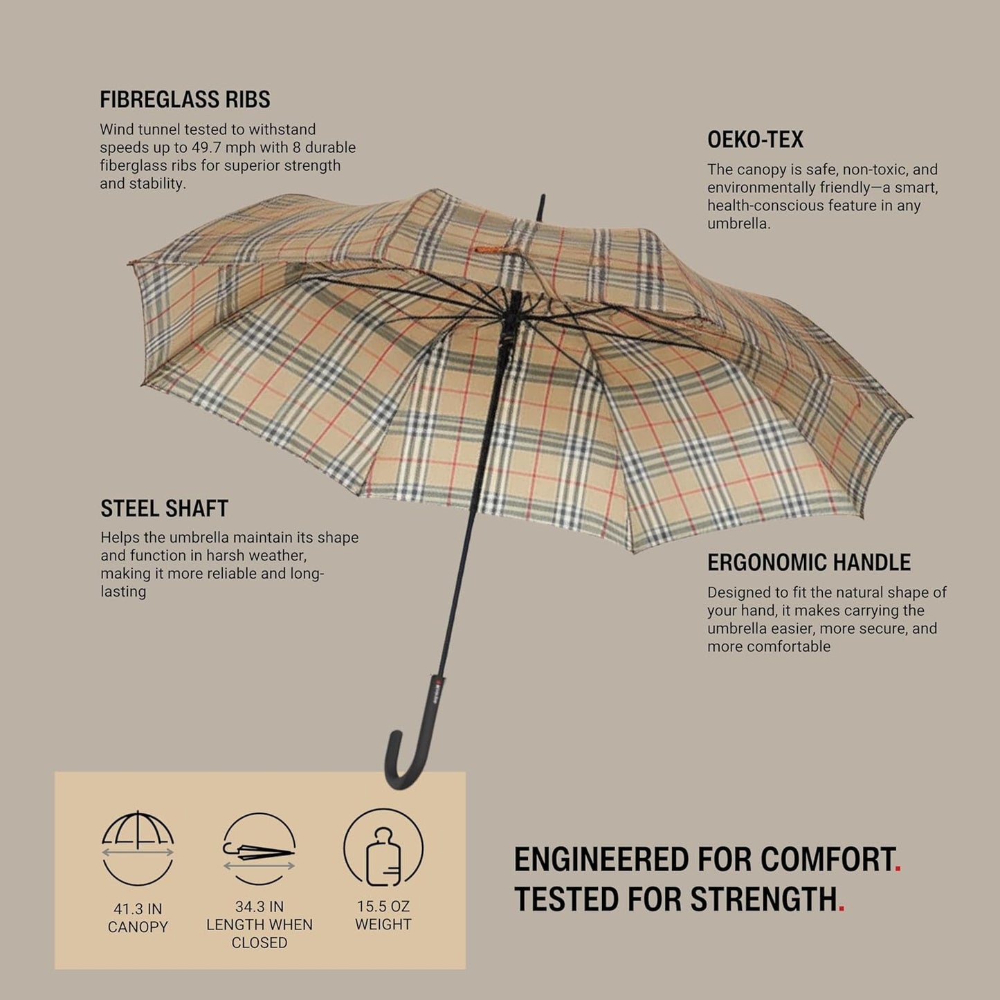 Knirps T.760 Stick Automatic Auto Open Rain Umbrella With Curved Handle - Windproof Travel Cane With Automatic Open Button - For Adults - 107cm Diameter