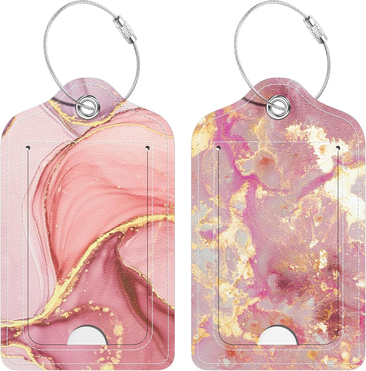 2 Pack PU Leather Luggage Tags for Suitcase, Travel Cruise Luggage Tag with Privacy Flap, Name ID Label and Metal Loop for Women Men Baggage Handbag School Bag Backpack, Pink Marble