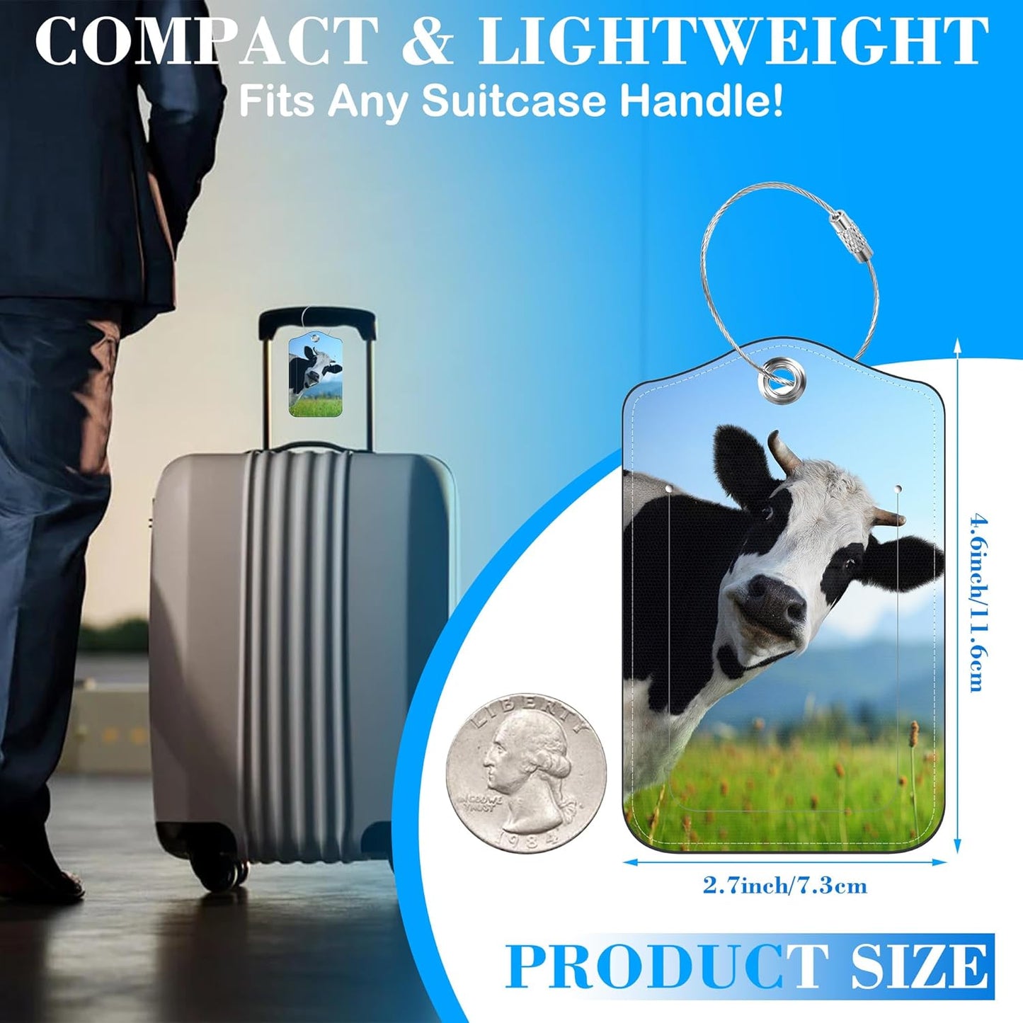2 Pack Funny Cow Luggage Tags PU Leather Suitcase Tags with Stainless Steel Loop Privacy Cover ID Label for Women Men Travel Bag Accessories