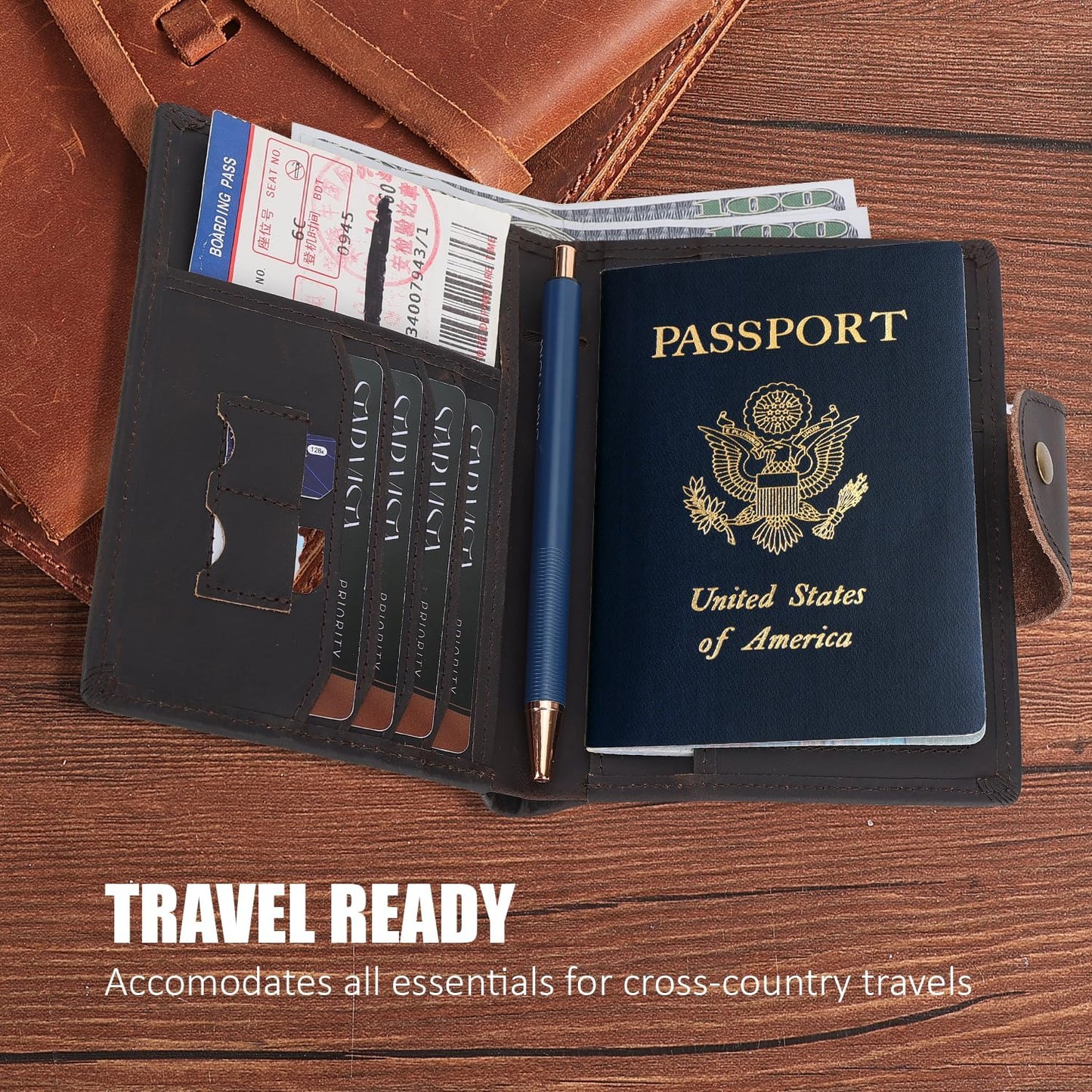 STAR VISTA Carmen Leather Passport Wallet, Dual Bifold Cash Pockets, RFID Blocking, ID Window, 6 Card Slots, Coin Pocket, SIM Slots, AirTag Slots, Dark Brown
