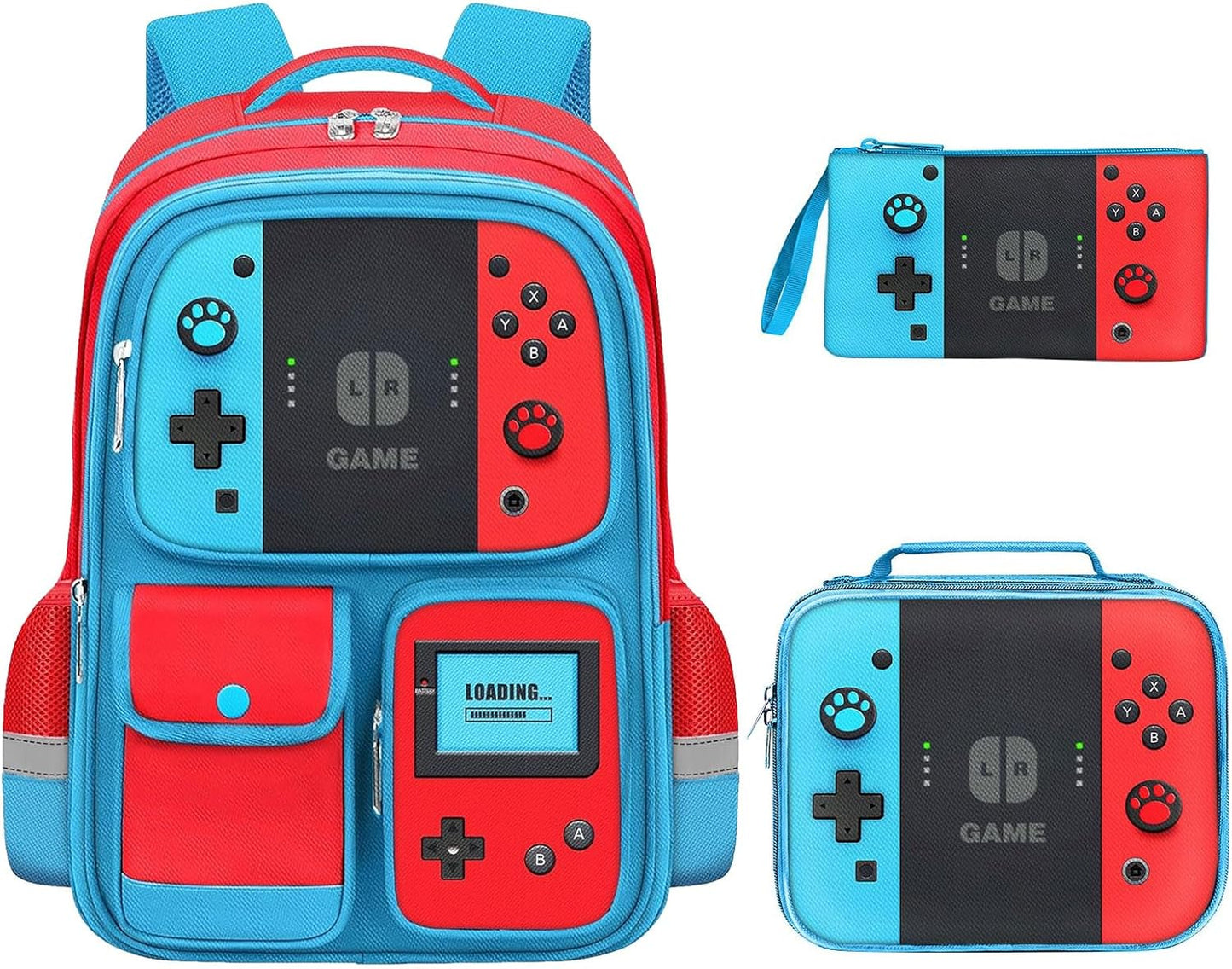 3 Piece School Backpack Set for Boys Girls–Includes 17" Gamer Bookbag, Insulated Lunch Box, Pencil Case–Video Game Controller Design, Durable Lightweight Back to School Bag for Kids and Teens