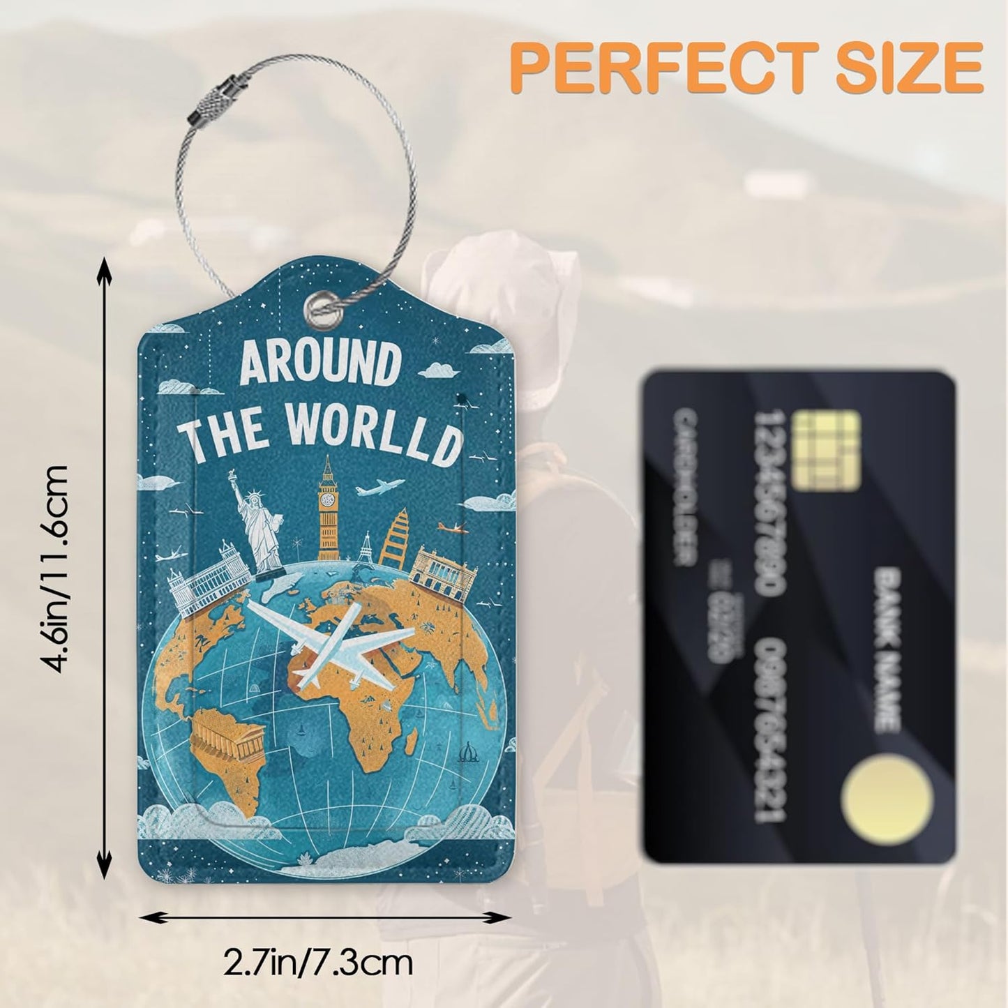 Around The World Travel Art 3 PCS Luggage Tags, Flight Map Leather Suitcase Tags with Privacy Cover