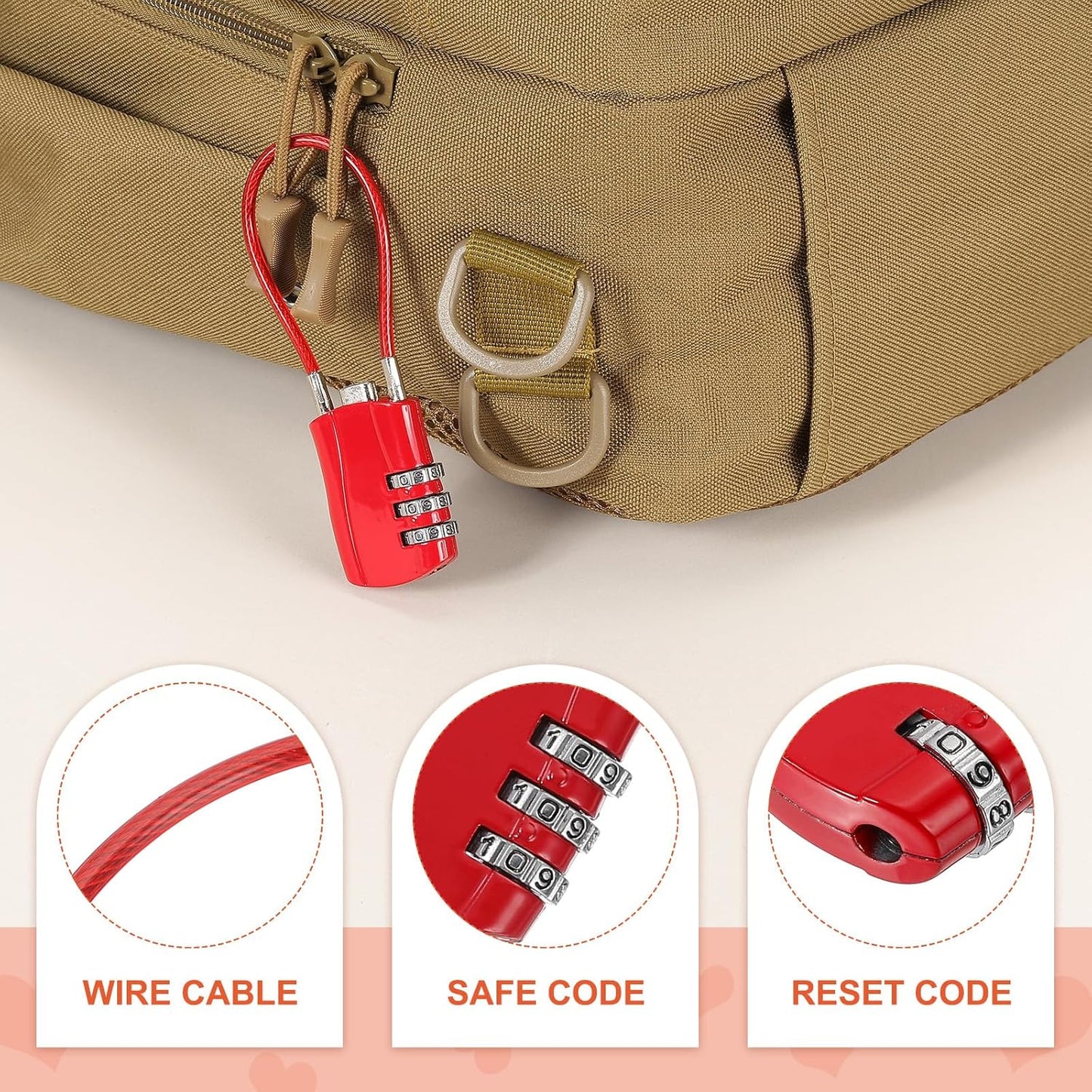 MECCANIXITY 2 Pcs Luggage Travel Lock, 3 Digit Cable Combination Lock 1-3/16" Width Body with 12" Long Cable for Suitcase Bag Cabinets Small Fences Gym, Red