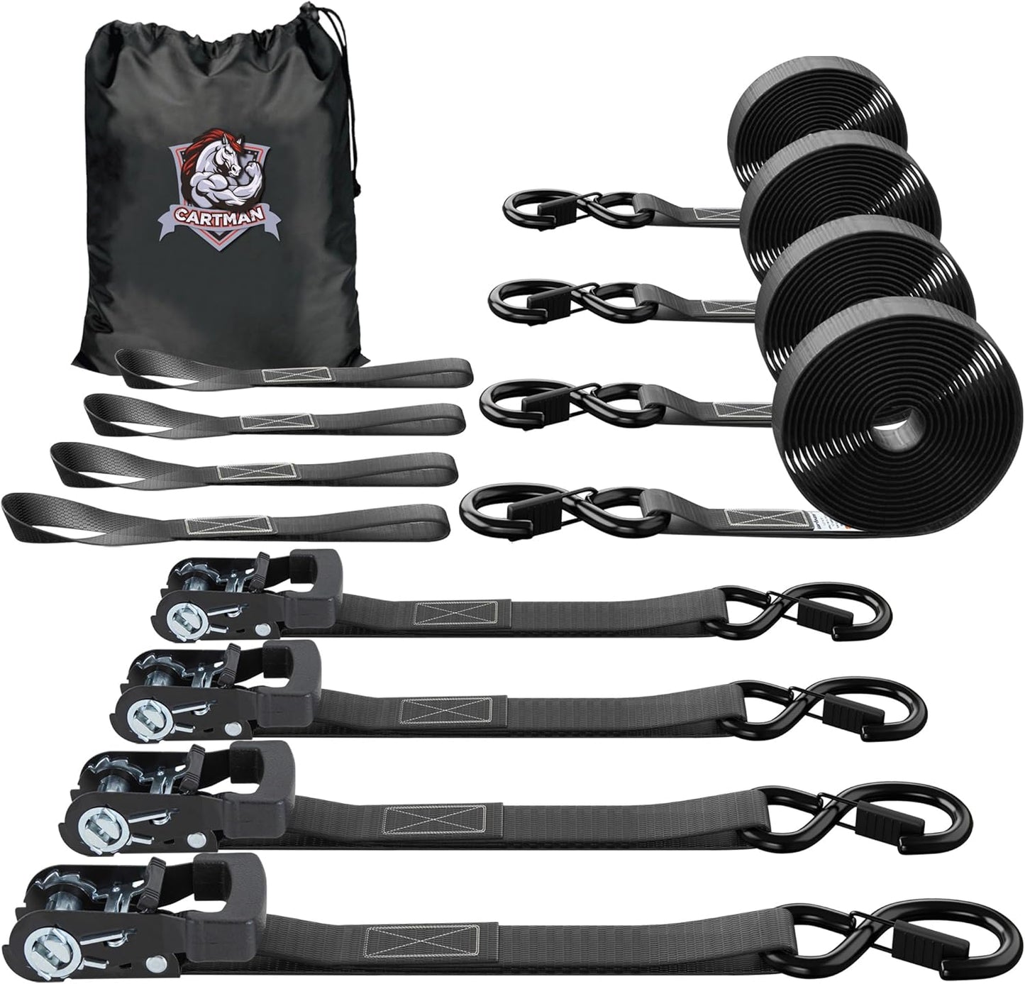 4-Pack 1" x 15ft Ratchet Straps with S Hooks, 1500 lbs Break Strength, Heavy Duty Tie Down Straps for Truck, Motorcycle, Cargo, 4PK Loops, Black