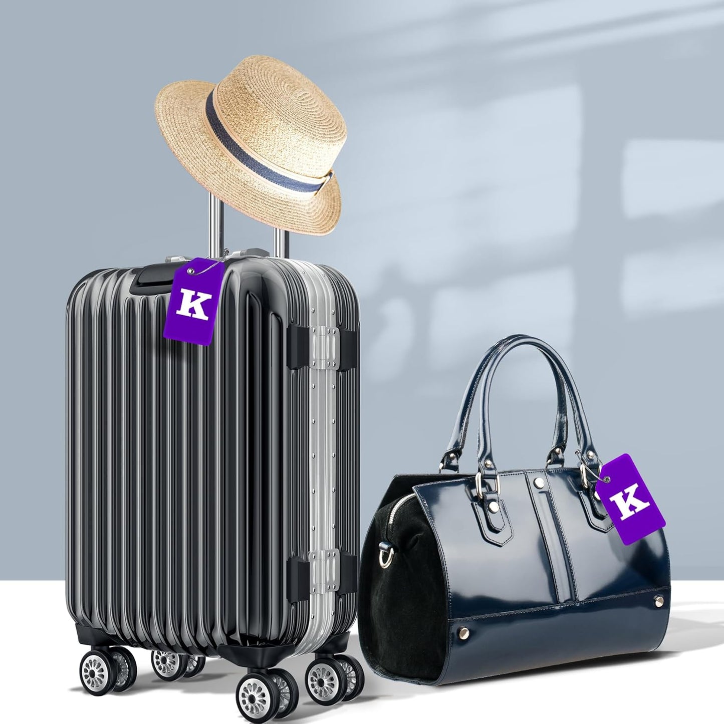 Gostwo 2 Pack Silicone Luggage Tags for Suitcases, 26 Initial Letter Baggage Labels Handbag School Bag Suitcase Instrument Tag with Stainless Steel Loop(Purple) (Letter K)