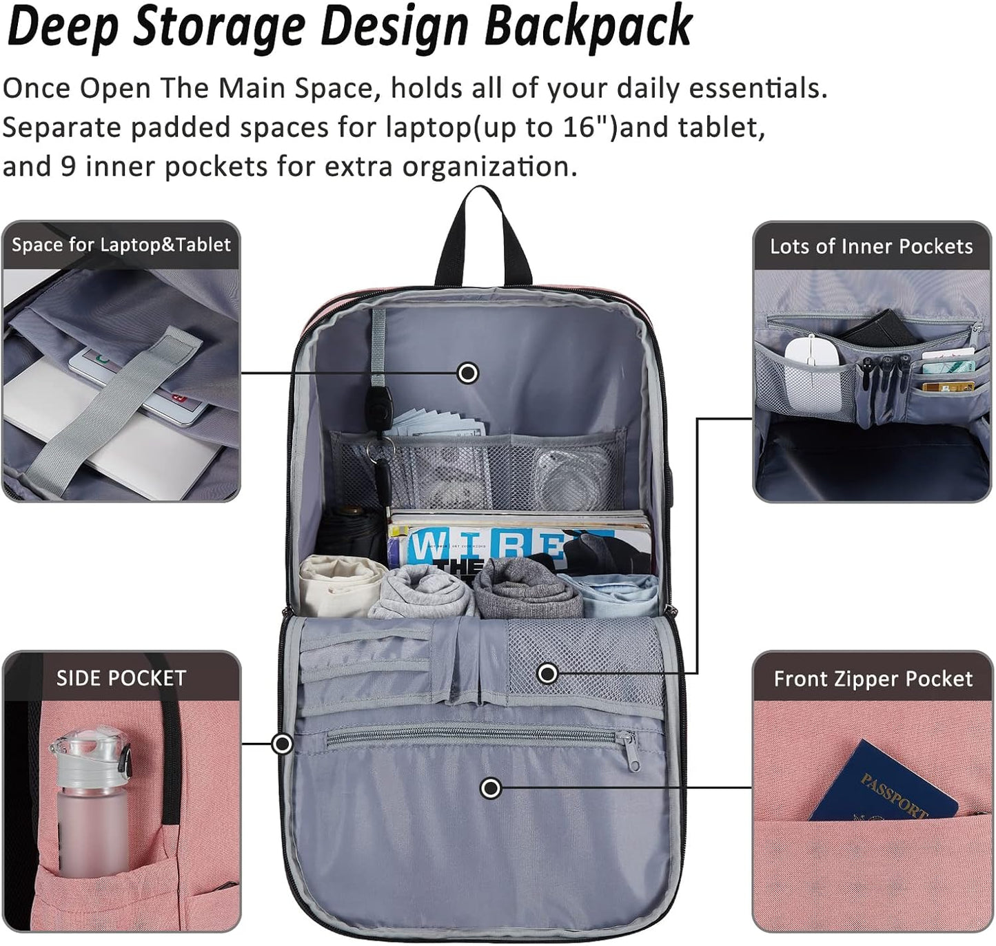 MAXTOP Deep Storage Laptop Backpack with USB Charging Port[Water Resistant] College School Computer Bookbag Fits 17 Inch Laptop