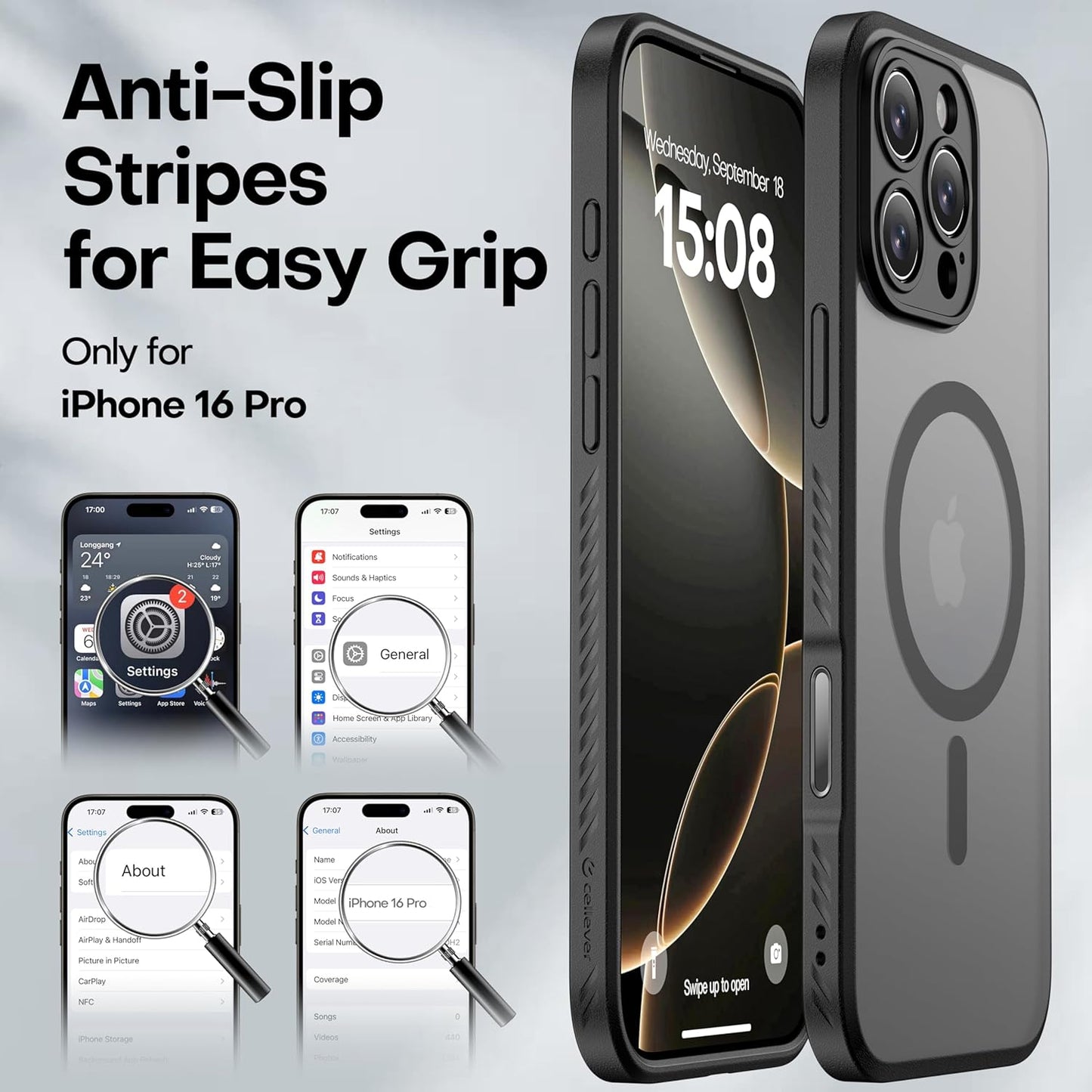 CellEver Strong Magnetic for iPhone 16 Pro Case with Camera Control Capture Button [Camera Protection] [Military Drop Protection] [Compatible with MagSafe] Slim Translucent Back Matte Cover, Black