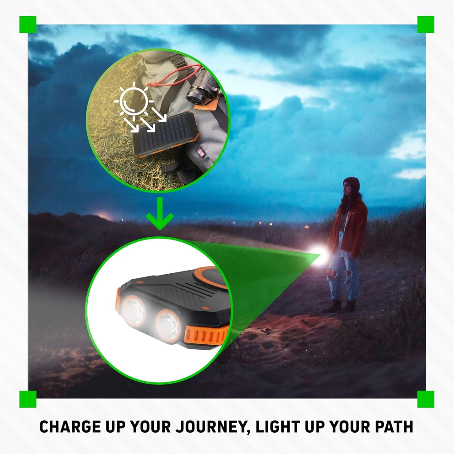 ChargeWorx Solar Power Bank with 2 USB-A Ports Plus USB-C and Micro-USB Charging Ports, 15,000 mAh Capacity, Includes Compass and Dual LED Flashlights, Ideal for Camping, Hiking, and More