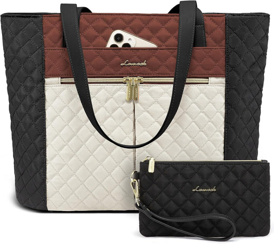 LOVEVOOK Laptop Bag for Women 17 inch,Diamond Quilted Work Tote Bags Womens Laptop Tote Bag Computer Shoulder Bags,Stylish Travel Tote Bags Laptop Purse Briefcase Handbag with Clutch Purse,Off-white