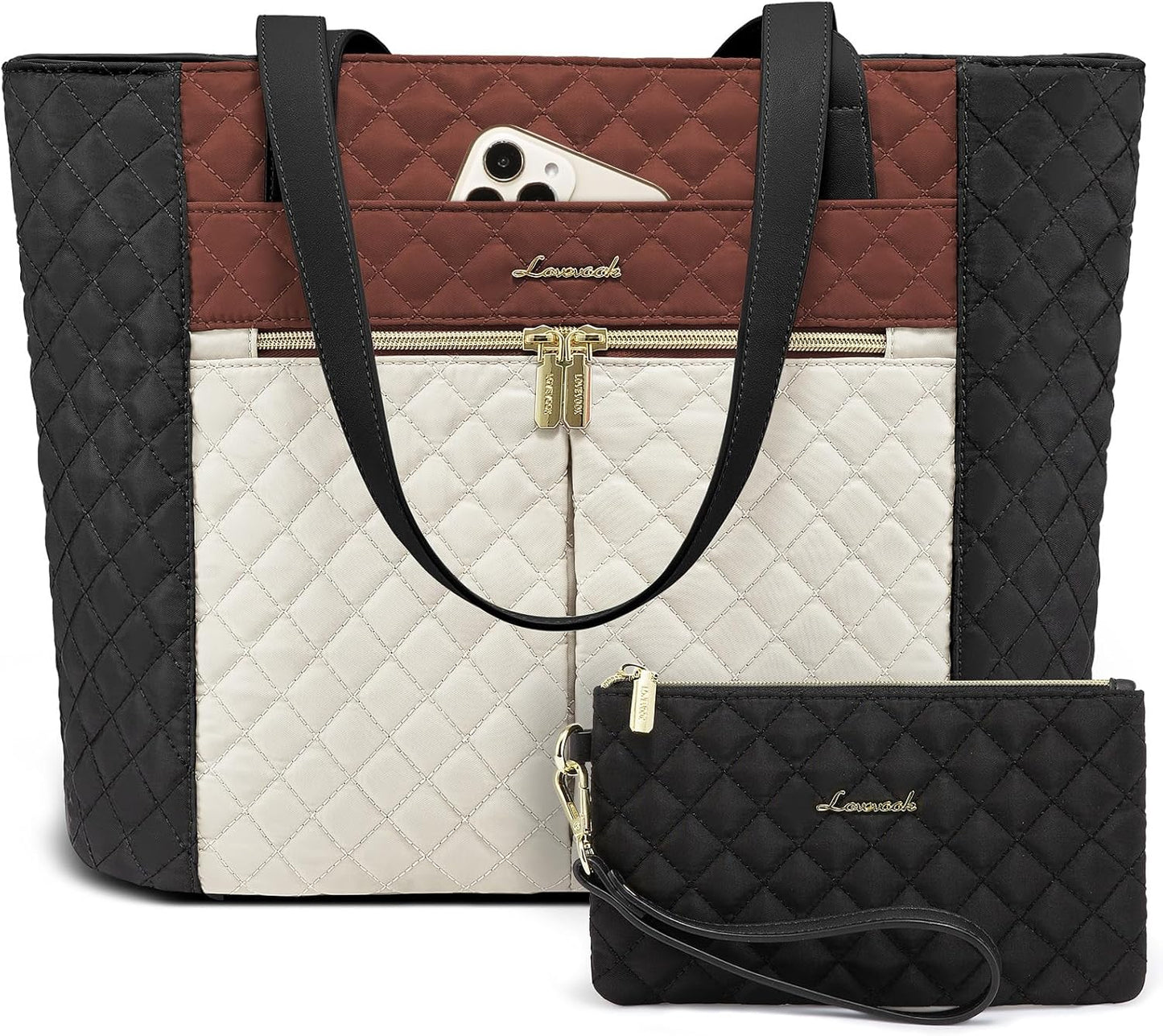 LOVEVOOK Laptop Bag for Women 15.6 inch,Diamond Quilted Work Tote Bags Womens Computer Shoulder Bags,Stylish Travel Tote Bags Laptop Purse Briefcase Handbag with Clutch Purse,Brown-Black-White
