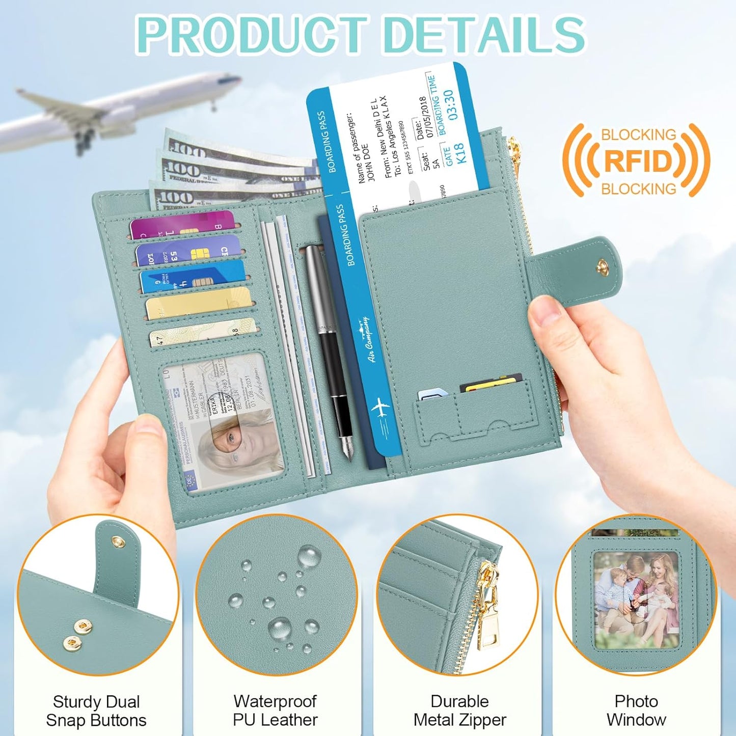 Passport Holder for Travel Women, RFID Blocking Passport Wallet with Airtag Slot, PU Leather Passport Cover Travel Wallet with Zippered Coins Pocket for Travel Essentials