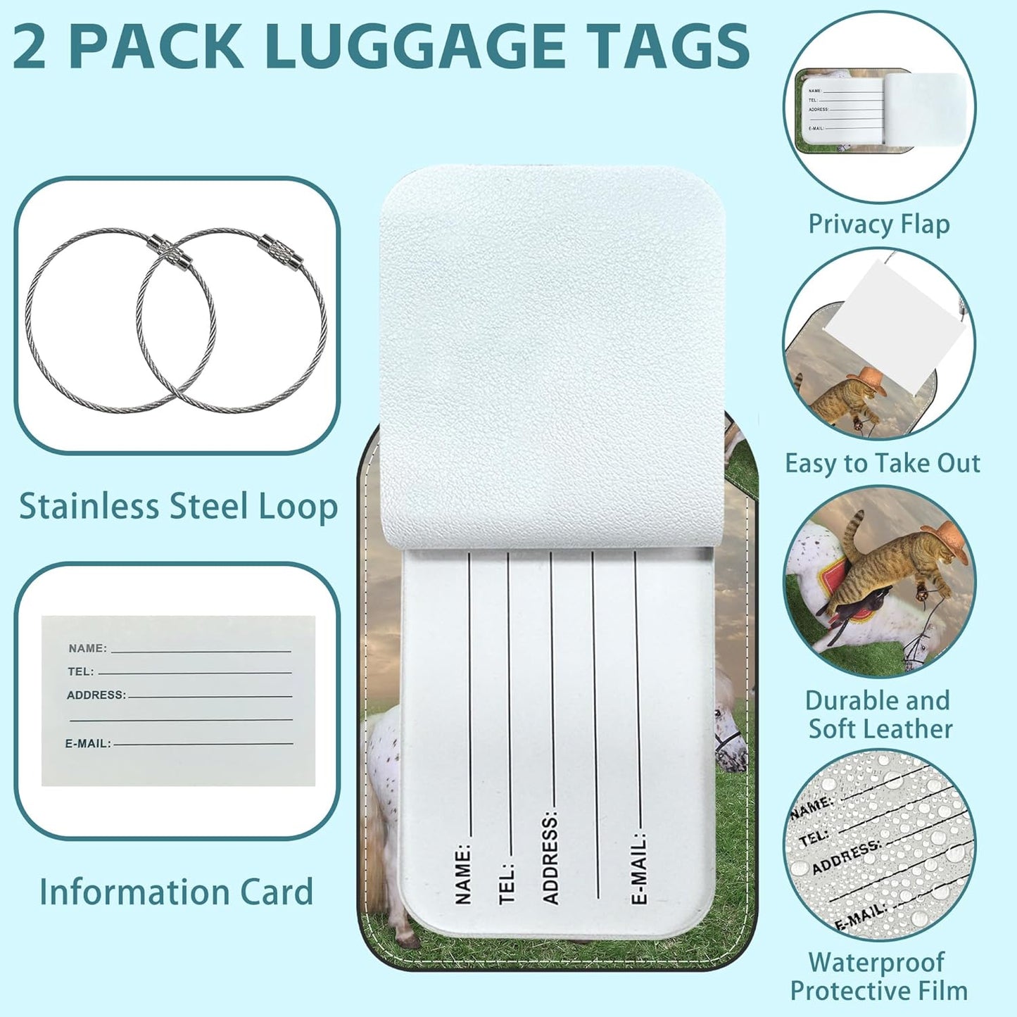 2 Pack Cute Luggage Tag for Suitcases Cat Cowboy Leather Luggage Tags with Stainless Steel Loop Privacy Flap Name Tags,Men and Women Travel Bag Suitcase Tags