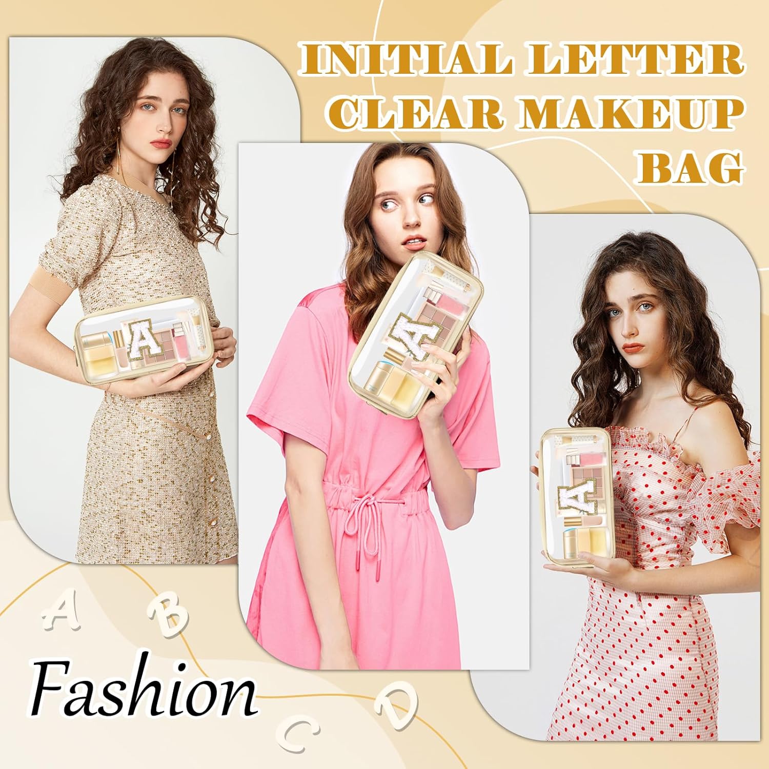 Personalized Initial Letter Clear Makeup Bag,Preppy Small Nylon&PVC Cosmetic Zipper Bag with