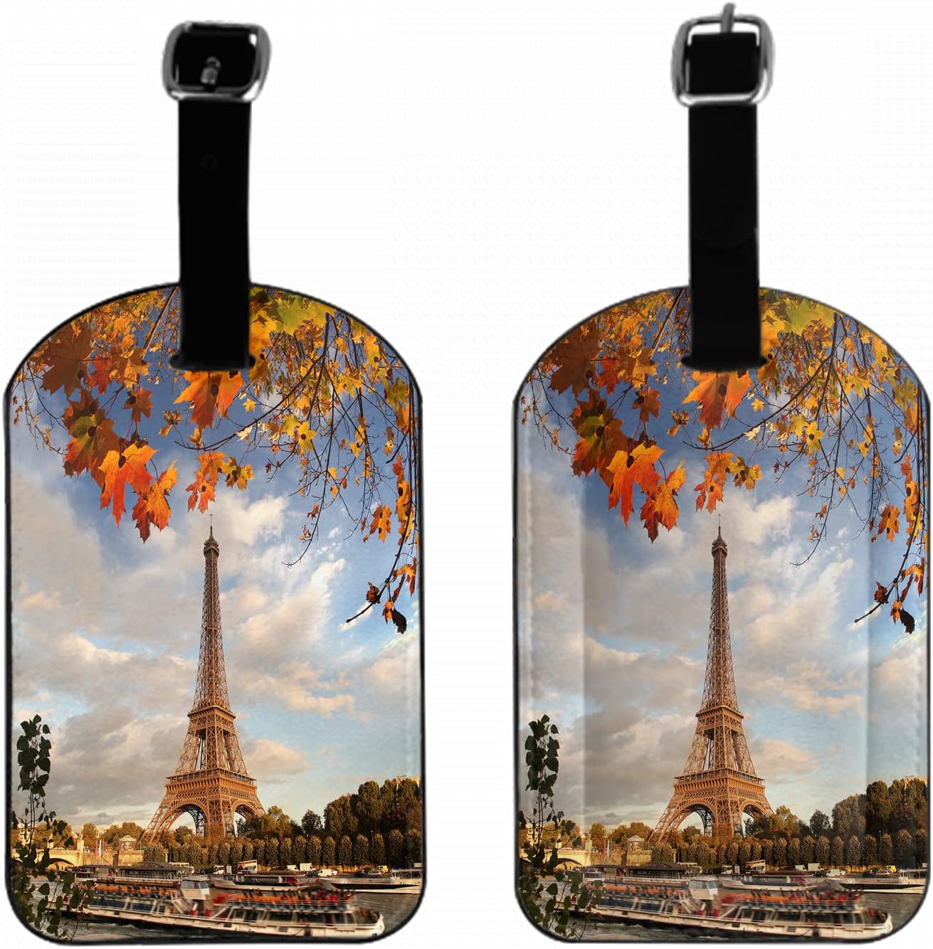 Paris Leather Luggage Tags Eiffel Tower France Autumn Fallen Trees Romantic Business Card Holder Travel ID Bag Tag for Travel Luggage Baggage Identifier, 1 Pack