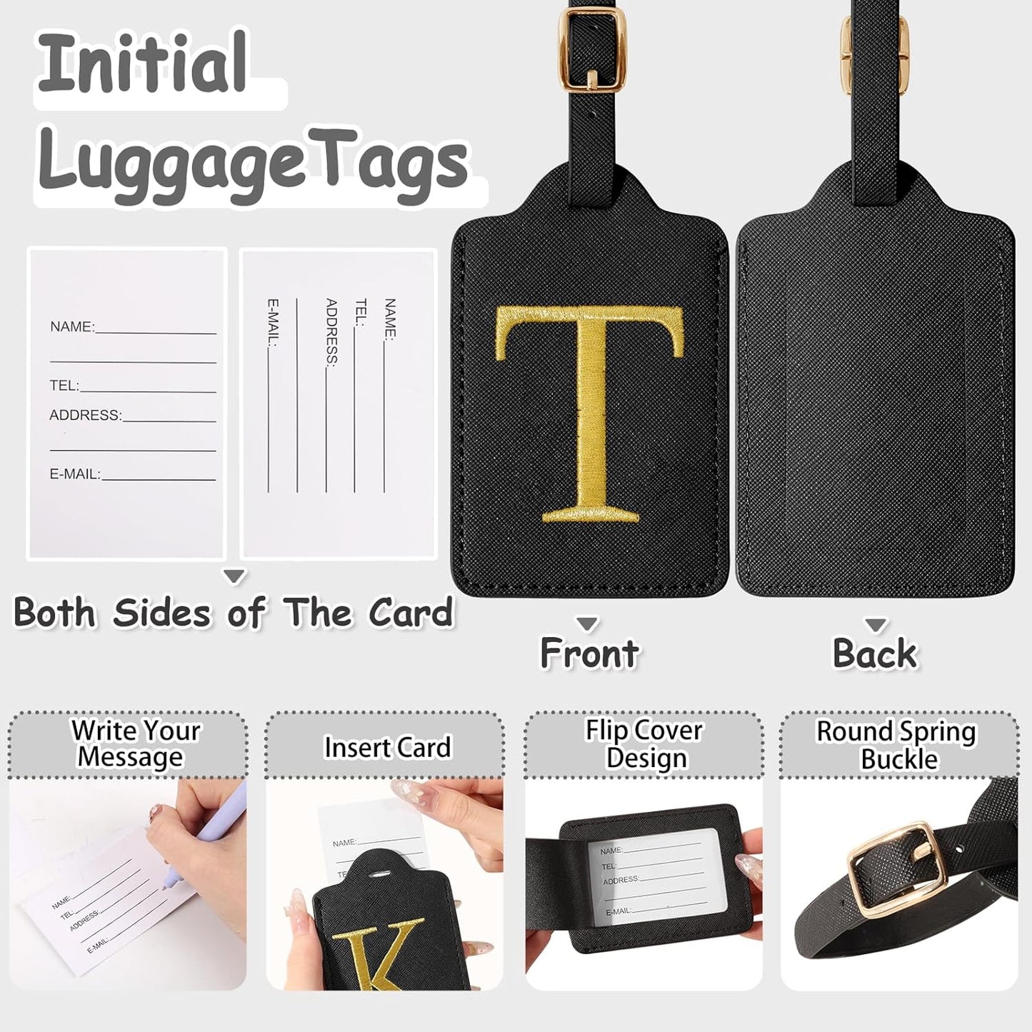 Initial Letter Luggage Tag for Suitcase, Cute Luggage Bag, Waterproof PU Leather Travel Luggage Tag, Suitcase Identifier Name Tag, Monogrammed Suitcases Tags, Bag Tags for Handbags(Black T)
