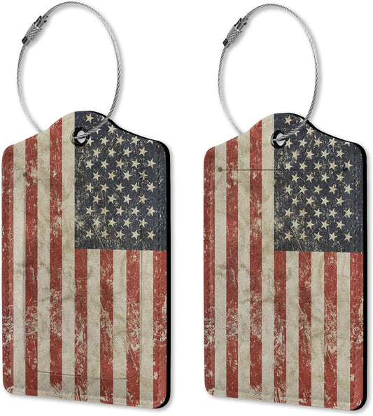2 Pack Luggage Tags for Suitcases, Retro American Flag Luggage Tag, Leather Stainless Steel Loop Label Tag for Men Travel Bag Suitcase